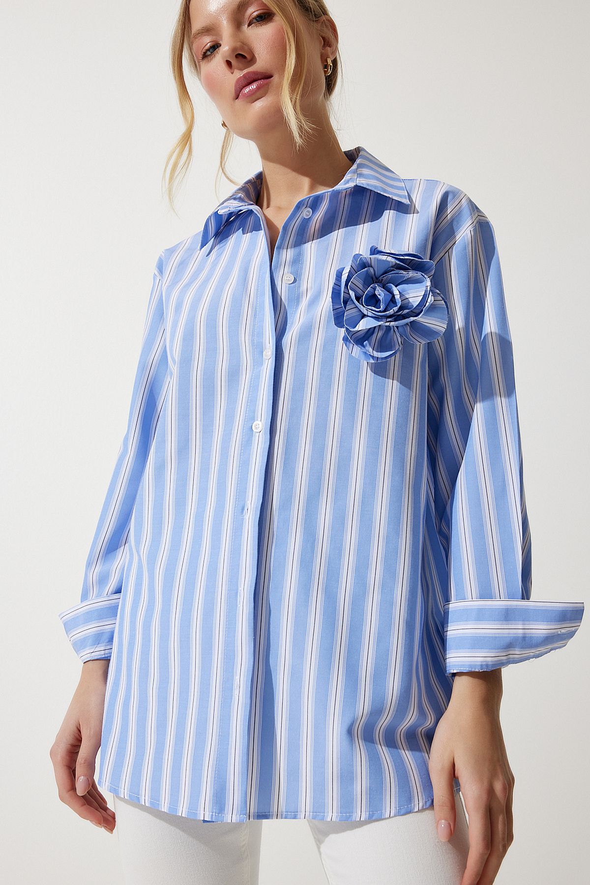 Woman Sky Blue Premium Flower Brooch Detailed Shirt UL00015