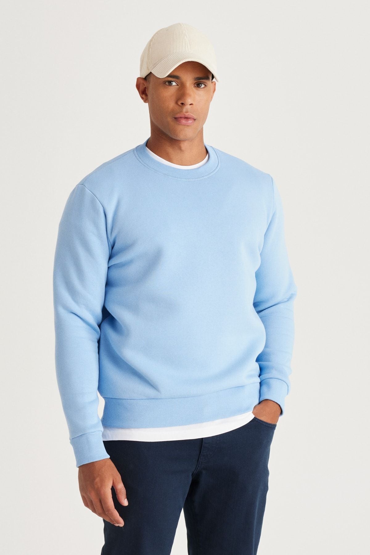 Men's Light Blue Standard Fit Normal Normal Cut Içi polar 3 IP bicycle collar cotton sweatshirt