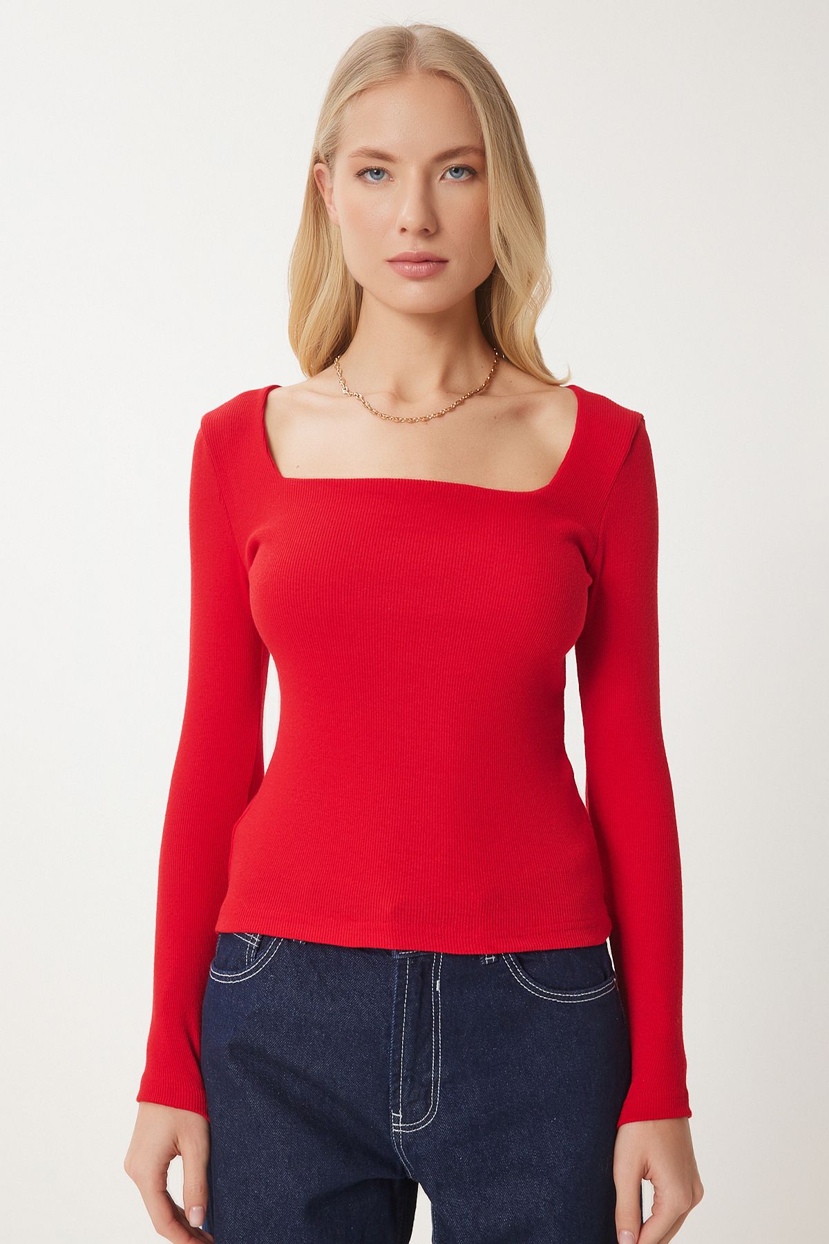 Woman Red Square Collar Wick Knitting Blouse GT00052
