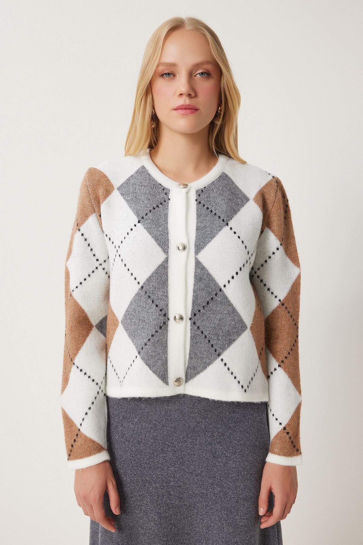 Female mink Ecru baklava patterned knitwear cardigan US00939