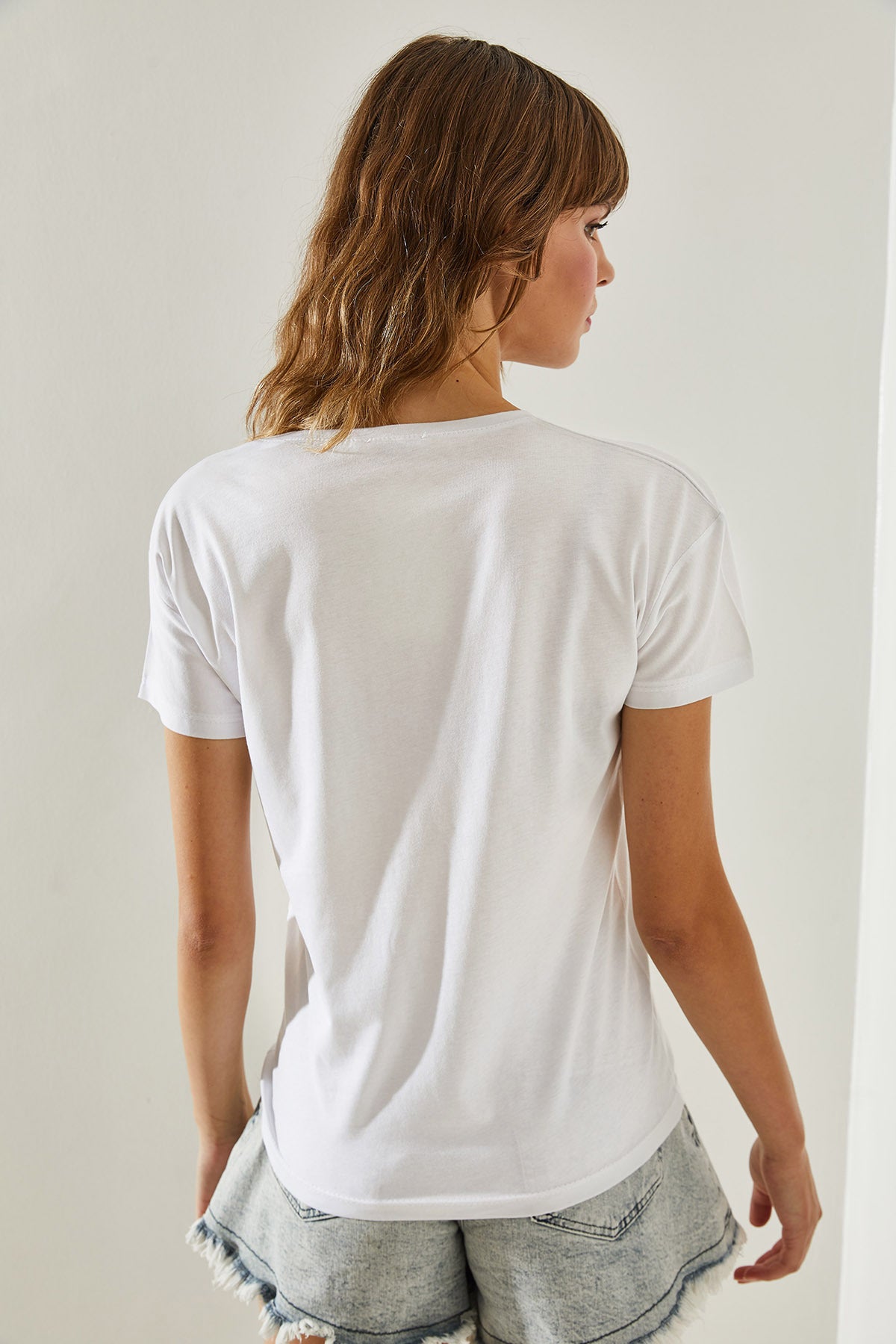 Women's V-Neck Collar Denim Heart Detailed Stone T-Shirt 60251412