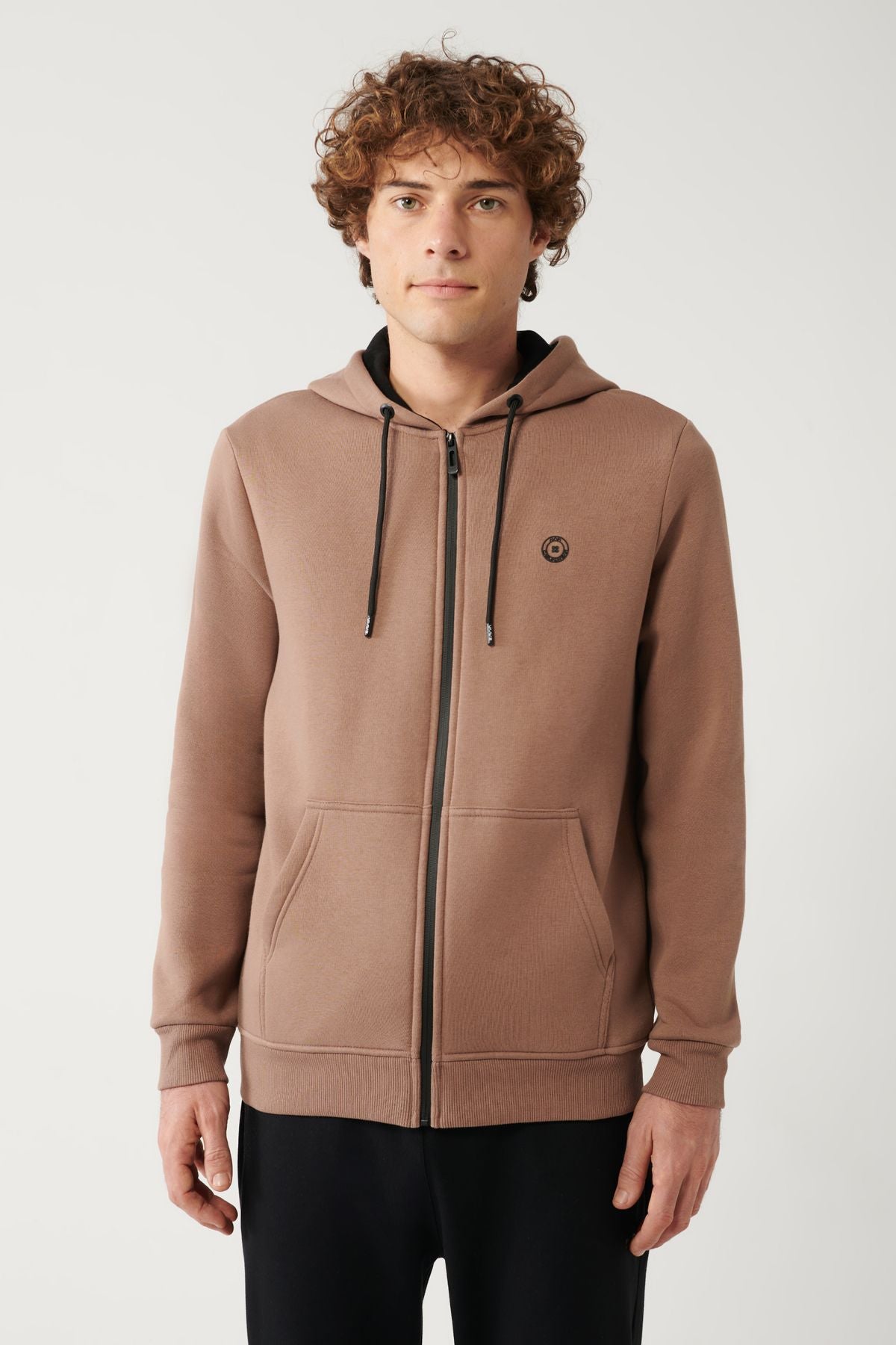 Men's light brown unisex sweatshirt hooded collar polarli 3 -needed zipper regular Fite001