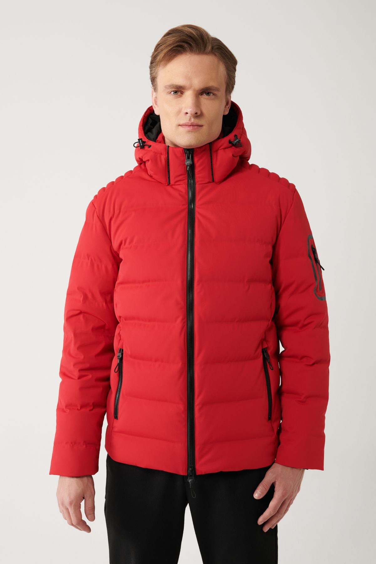 Men's Red Goose Feather Water Driving Windproof Thermometer Removable Hooded Hooded Inflatable Mont A32Y