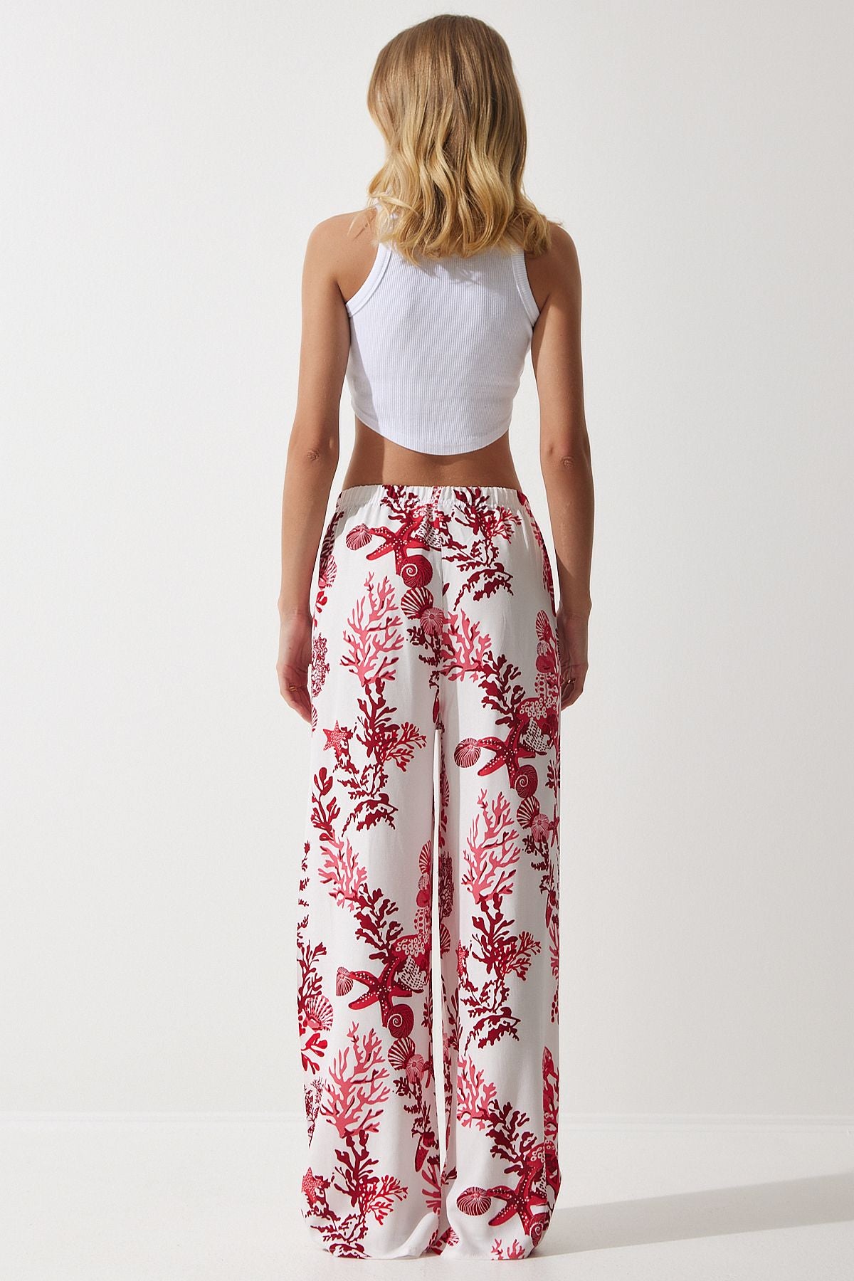 Woman White Pink Patterned Viscose Palazzo Pants EN00606