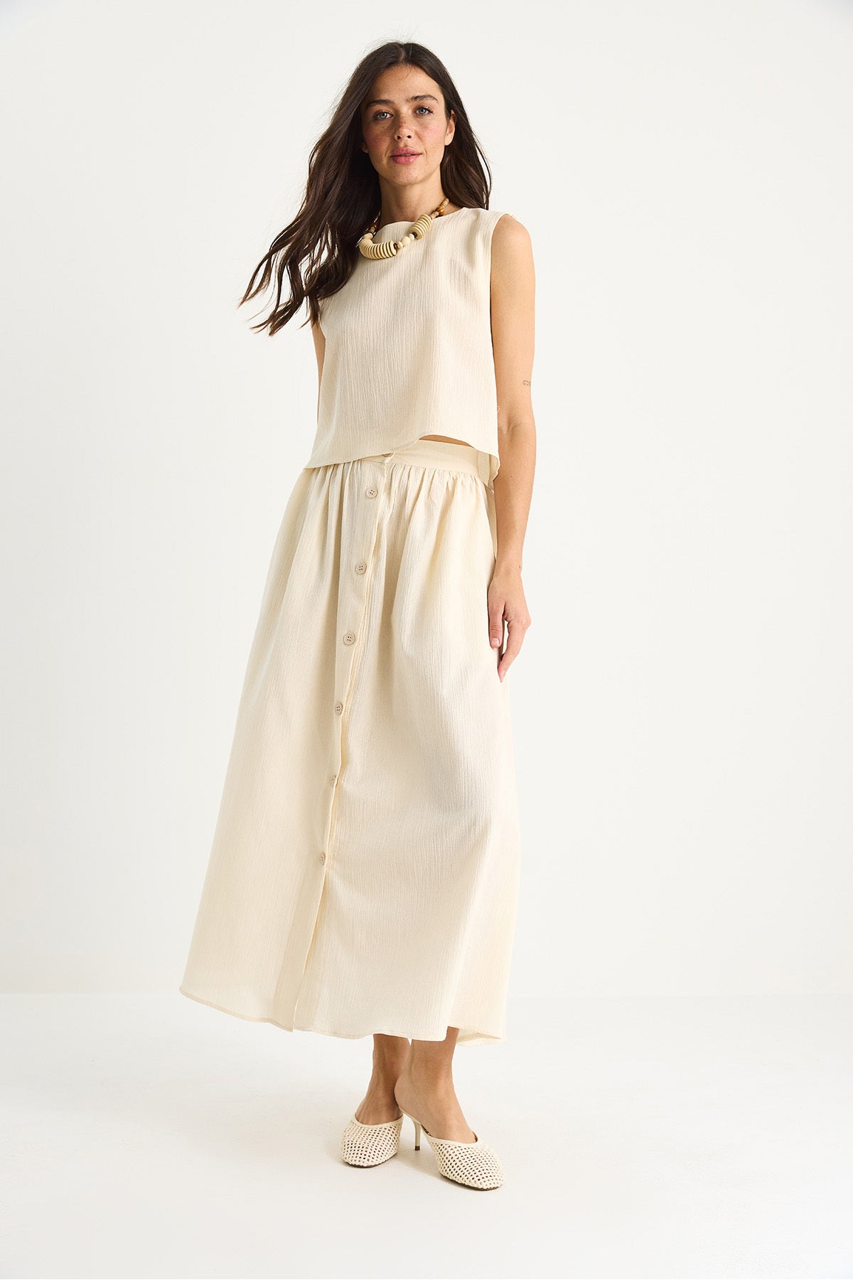 Women's Thick Strap Short Blouse Button Detailed Flared Long Skirt Linen Bottom-Top Set 9322 60281055