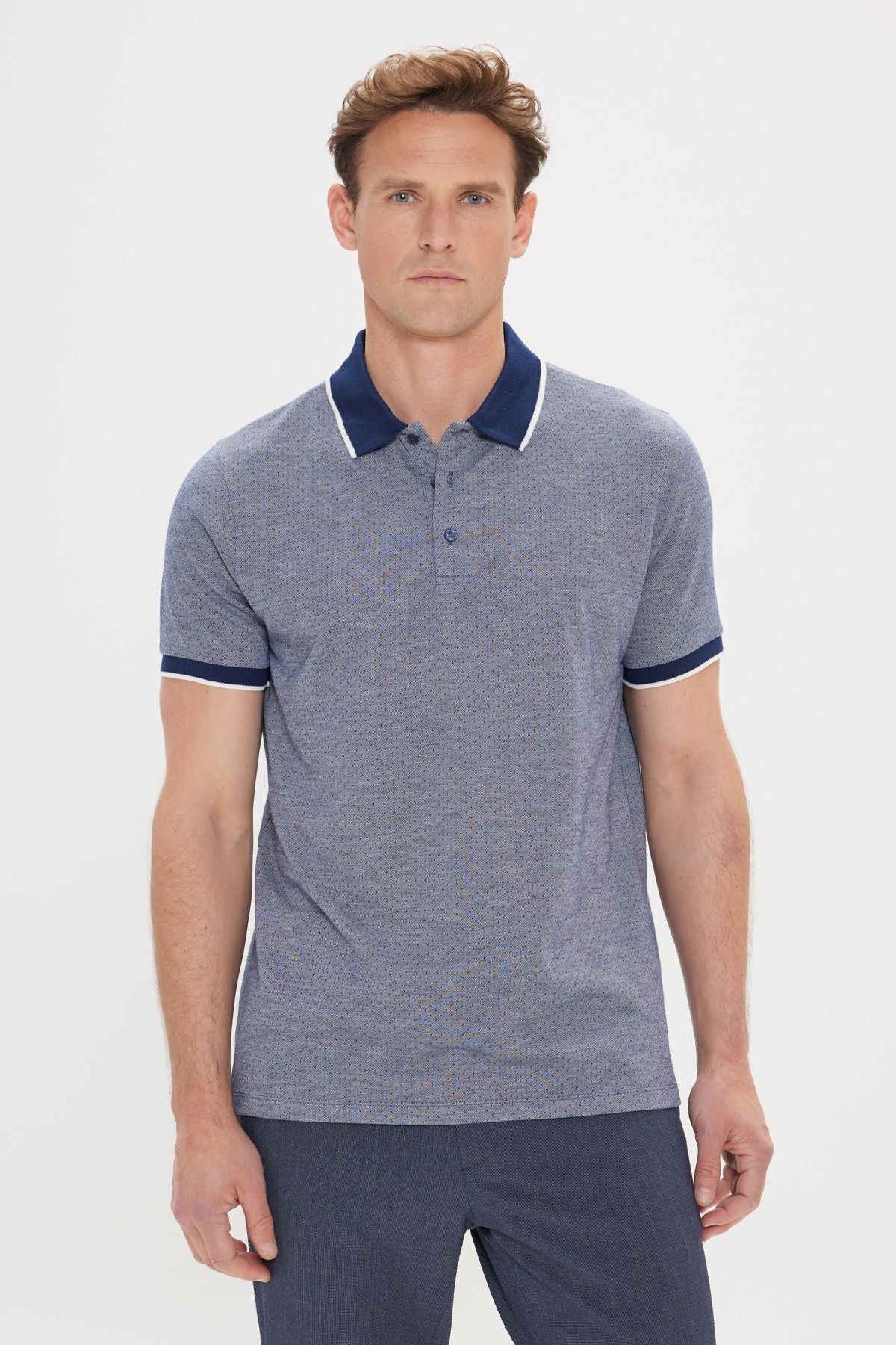 Men's navy blue slim fit narrow cut Polo Yaka Jacquard T -shirt