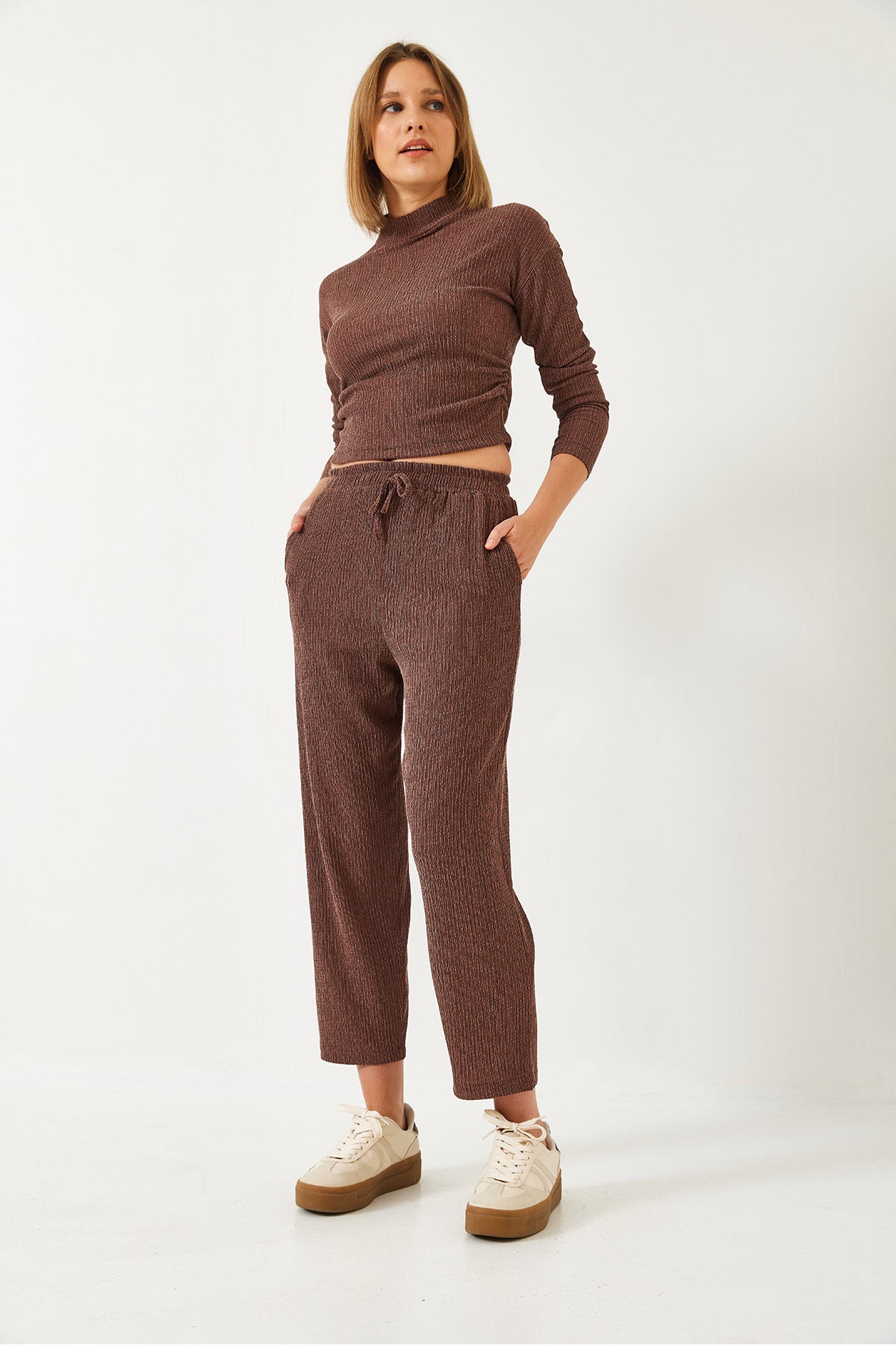 Women's Crop Blouse and Bottom-Top Set with Elastic Waist Trousers 60261363