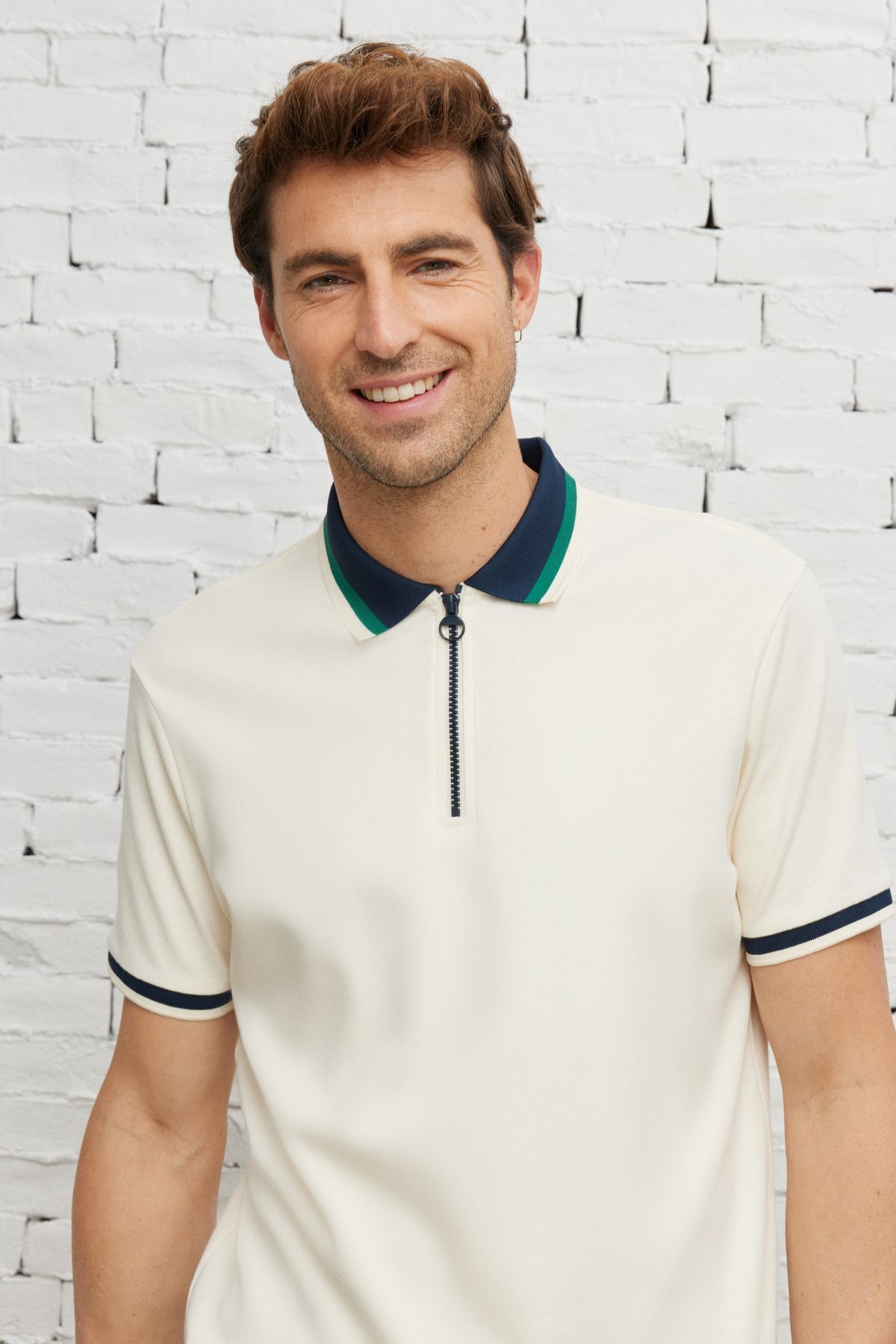 Men's Ecru Lacı Regular Fit Casual Cut Polo Yaka 100 %Cotton T -shirt