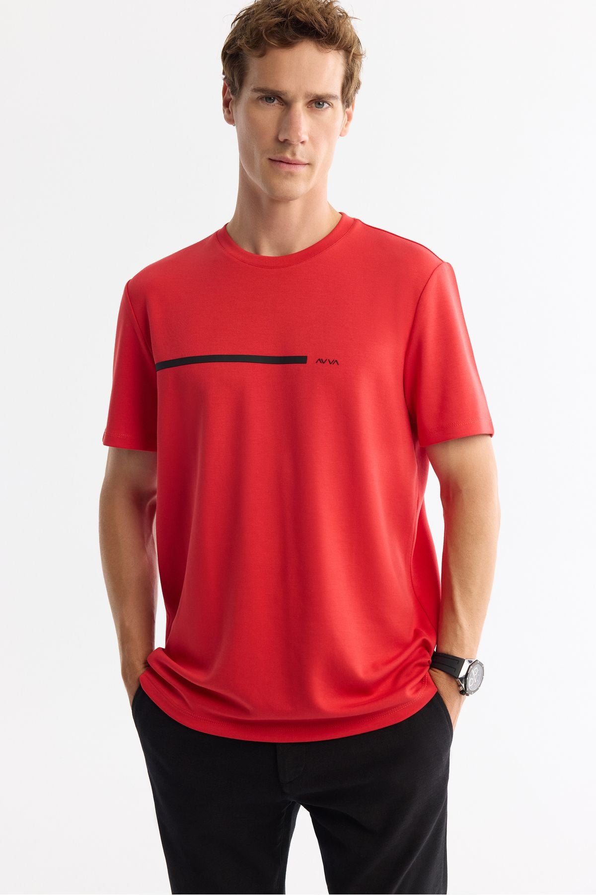 Erkek Kırmızı Bisiklet Yaka Elastan Interlok T-shirt A42y1003