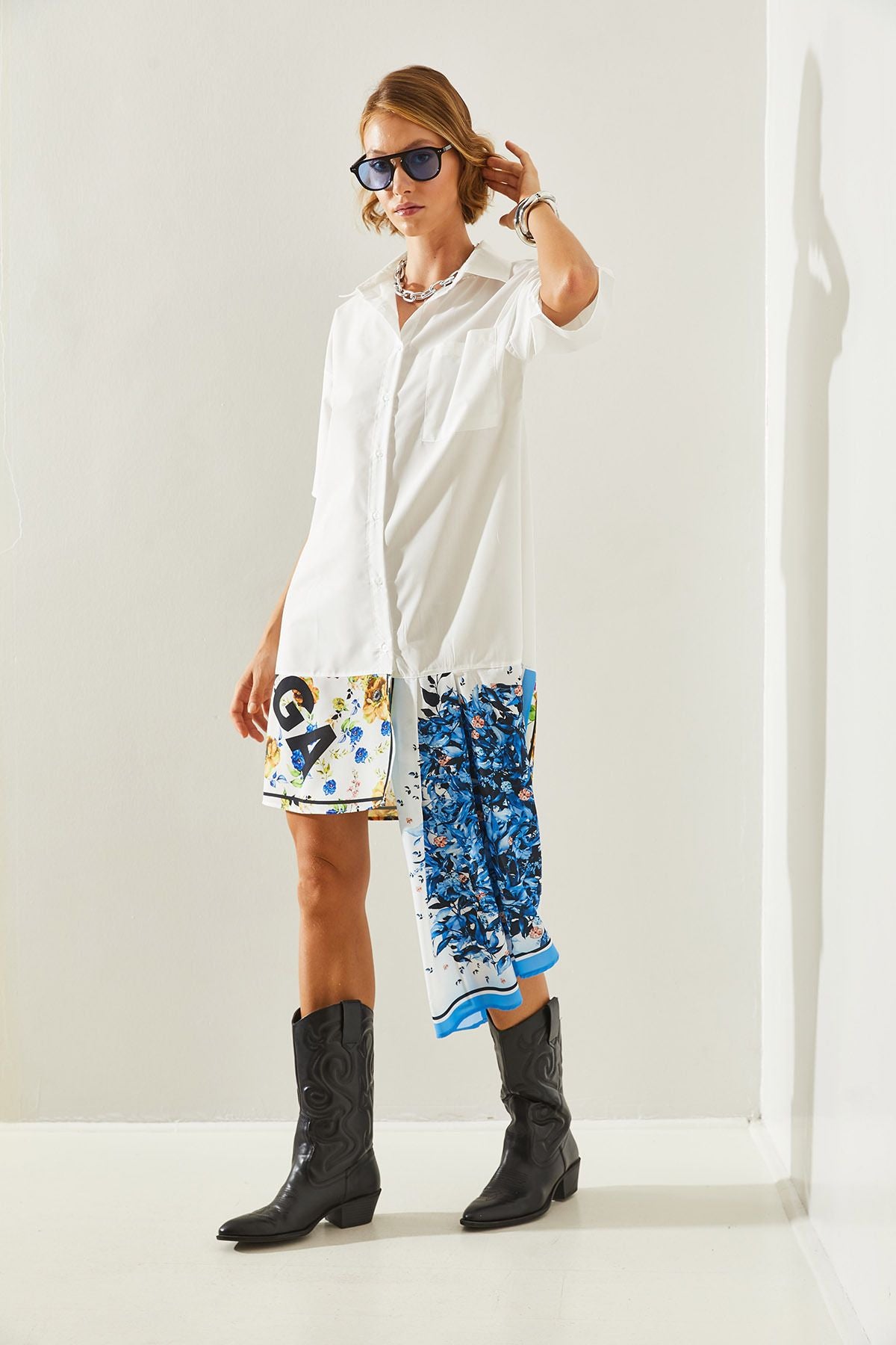Female asymmetric satin skirt detailed shirt dress 21262 60251492