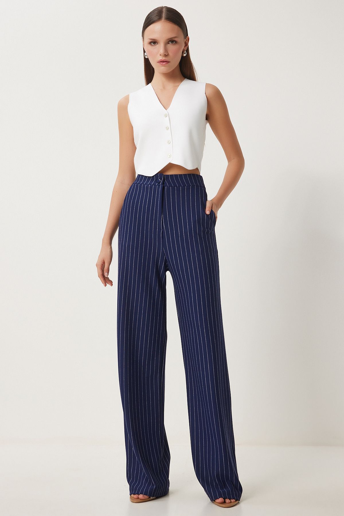 Woman navy blue striped comfortable weaving pants to00158