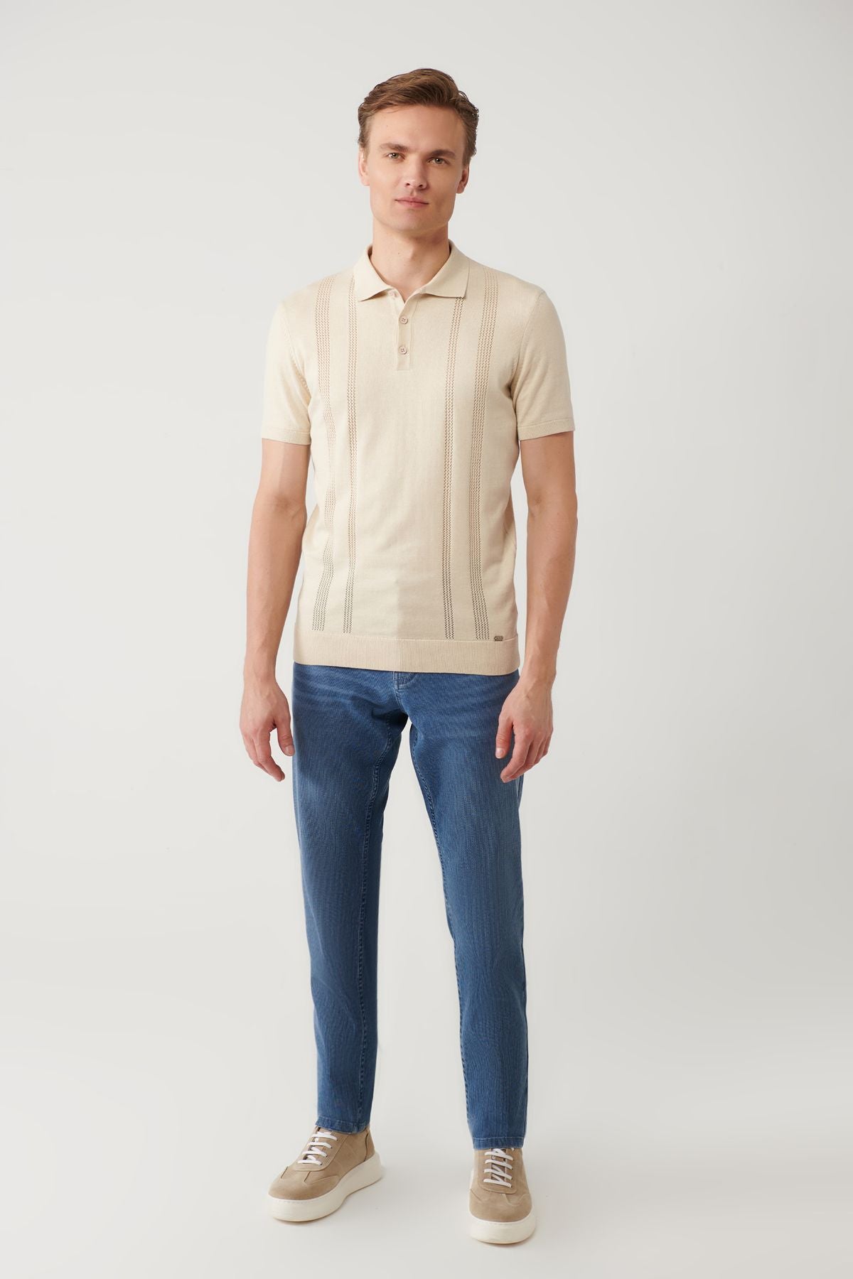 Erkek bej 3 düğmeli ajurlu polo yaka triko t-shirt a41y5096