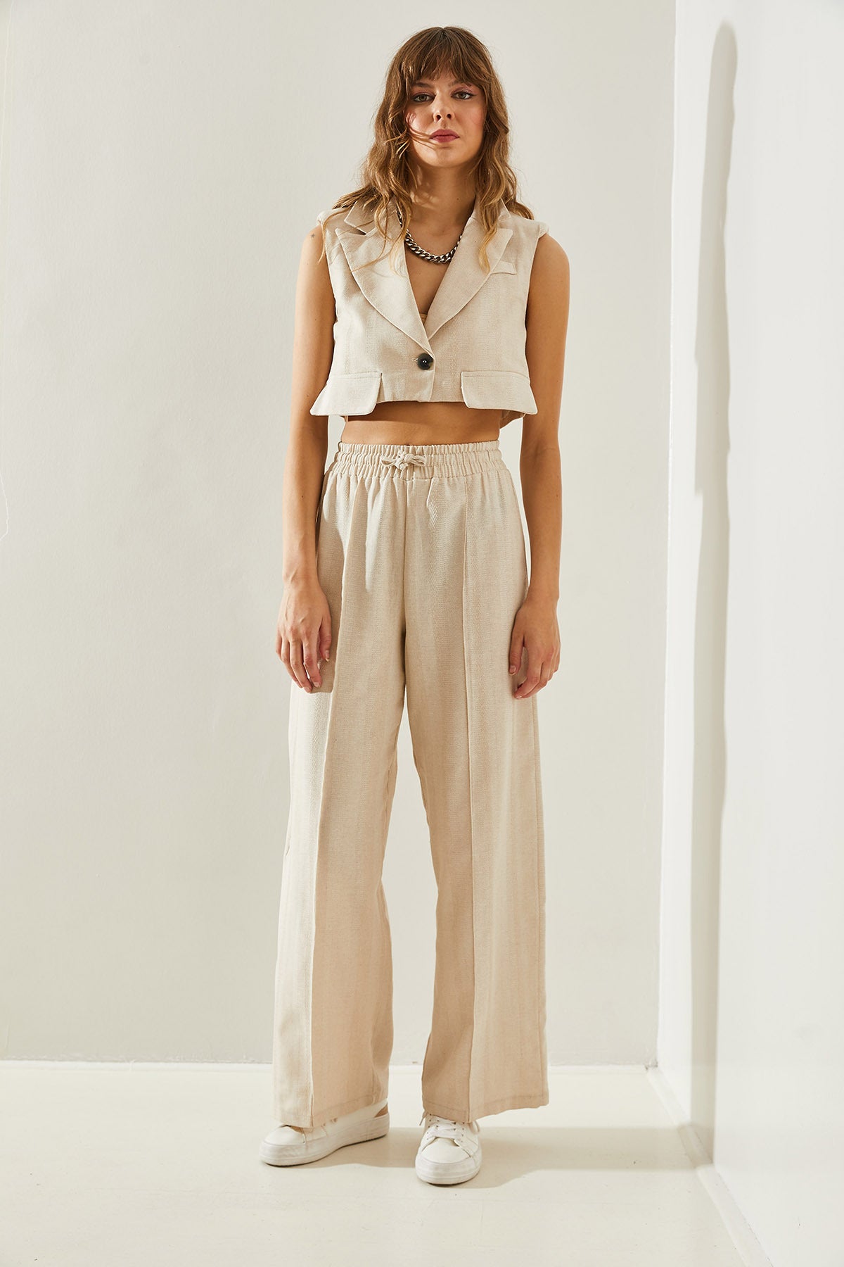 Women's Pocket Cover Detailed Crop Vest Palazzo Trousers Bottom-Top Set 60251229