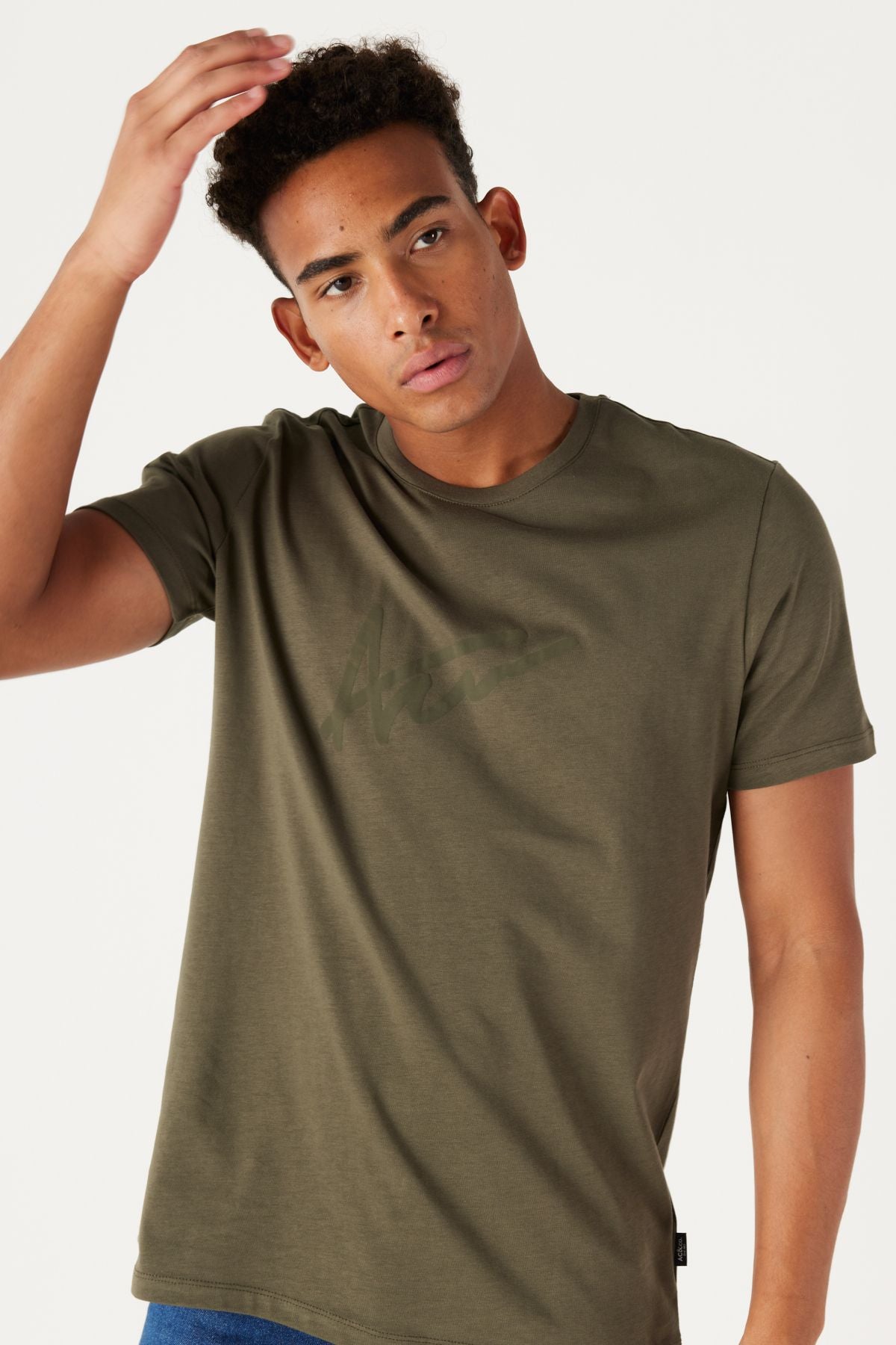 Men's Khaki Slim Fit Narrow Cut Bicycle Collar 100 %Cotton Printed T -shirt