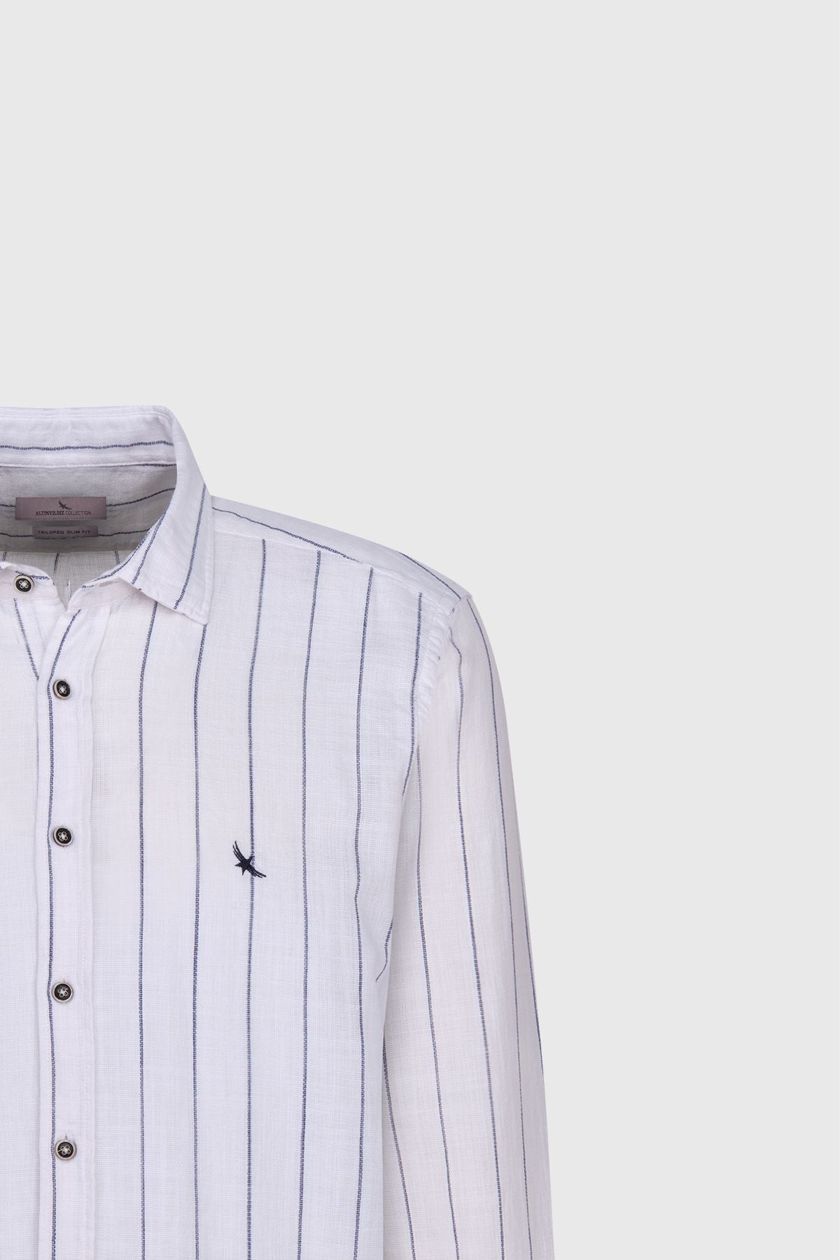 Men's white-lacivert slim fit narrow cut 100 %cotton classic collar striped shirt