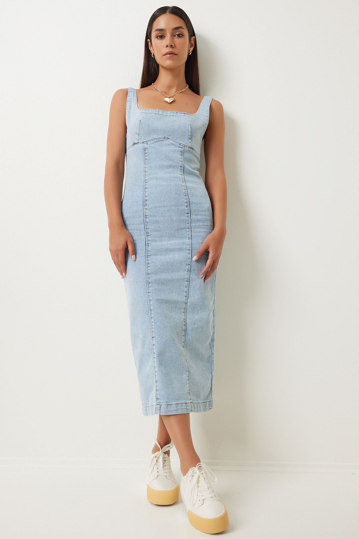 Woman Light Blue Zippered Midi Denim Dress Ok00061