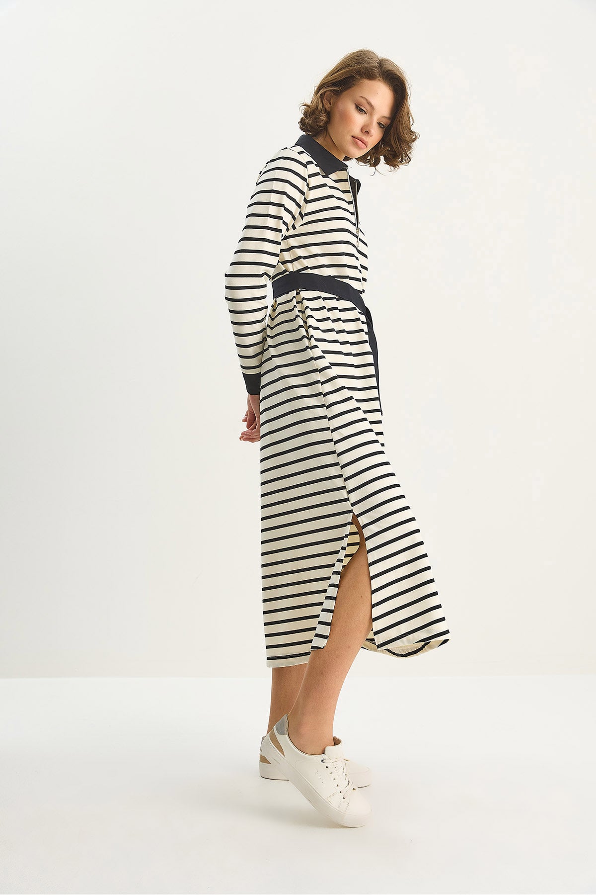 Women's Belted Pocket Detailed Striped Long Basic Dress with Zipper Collar 8514 60283659