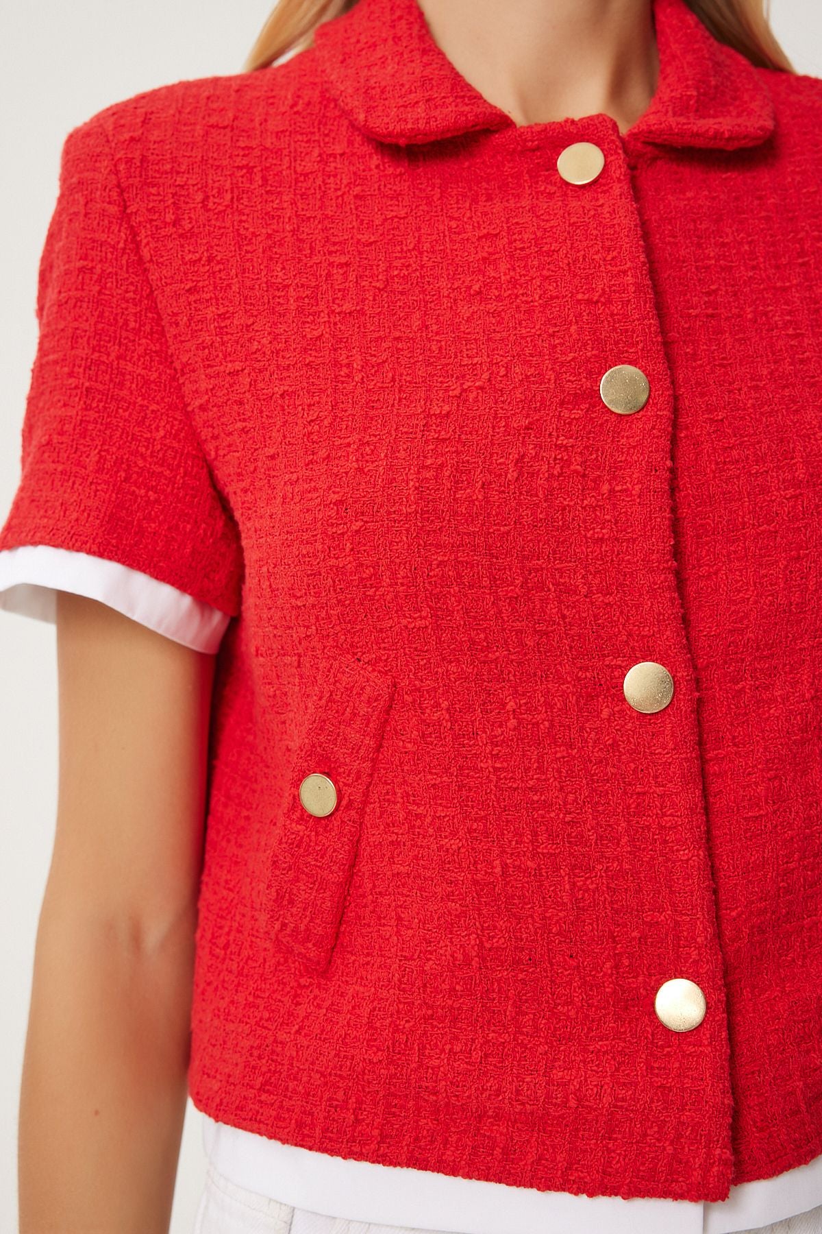 Woman Red Garni Detailed Crop Tüvit Jacket WF00088