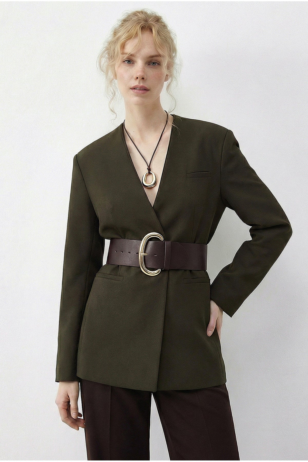 Women's Wide Belt Double Breasted Collar Lined Jacket 4169 60283989