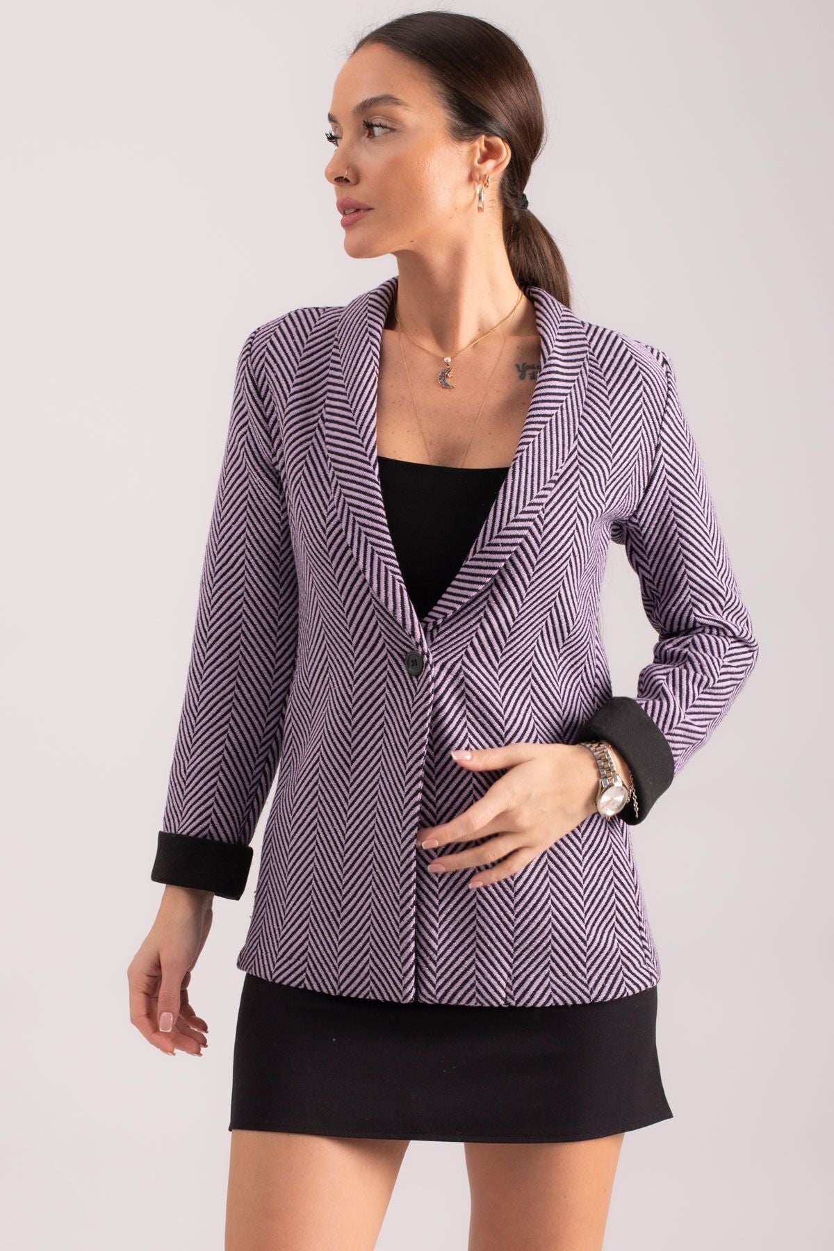 Women's lilac fish back pattern arm folded single buttoned stamp jacket ARM-24K001066