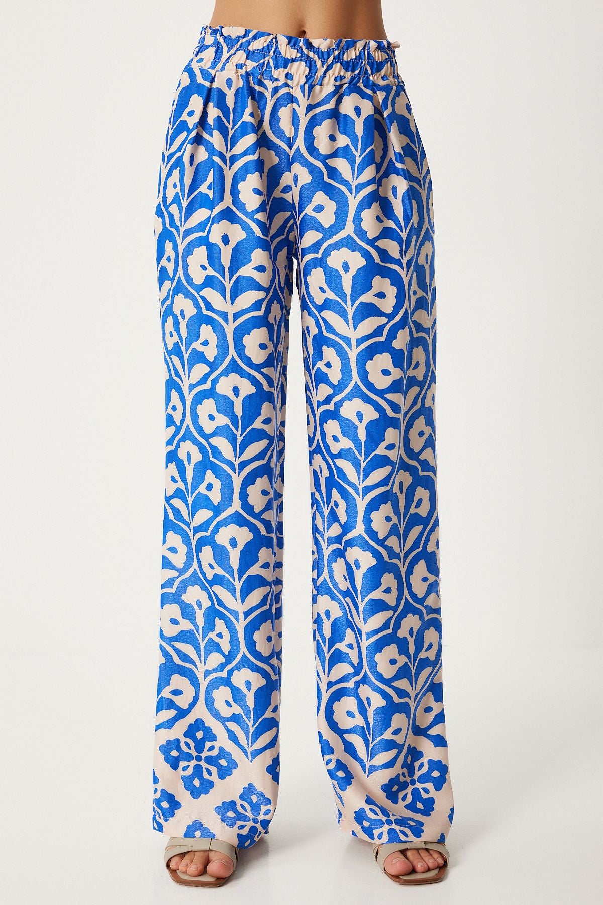 Female Blue Cream Patterned Viscose Blouse Palazzo Set FN03278