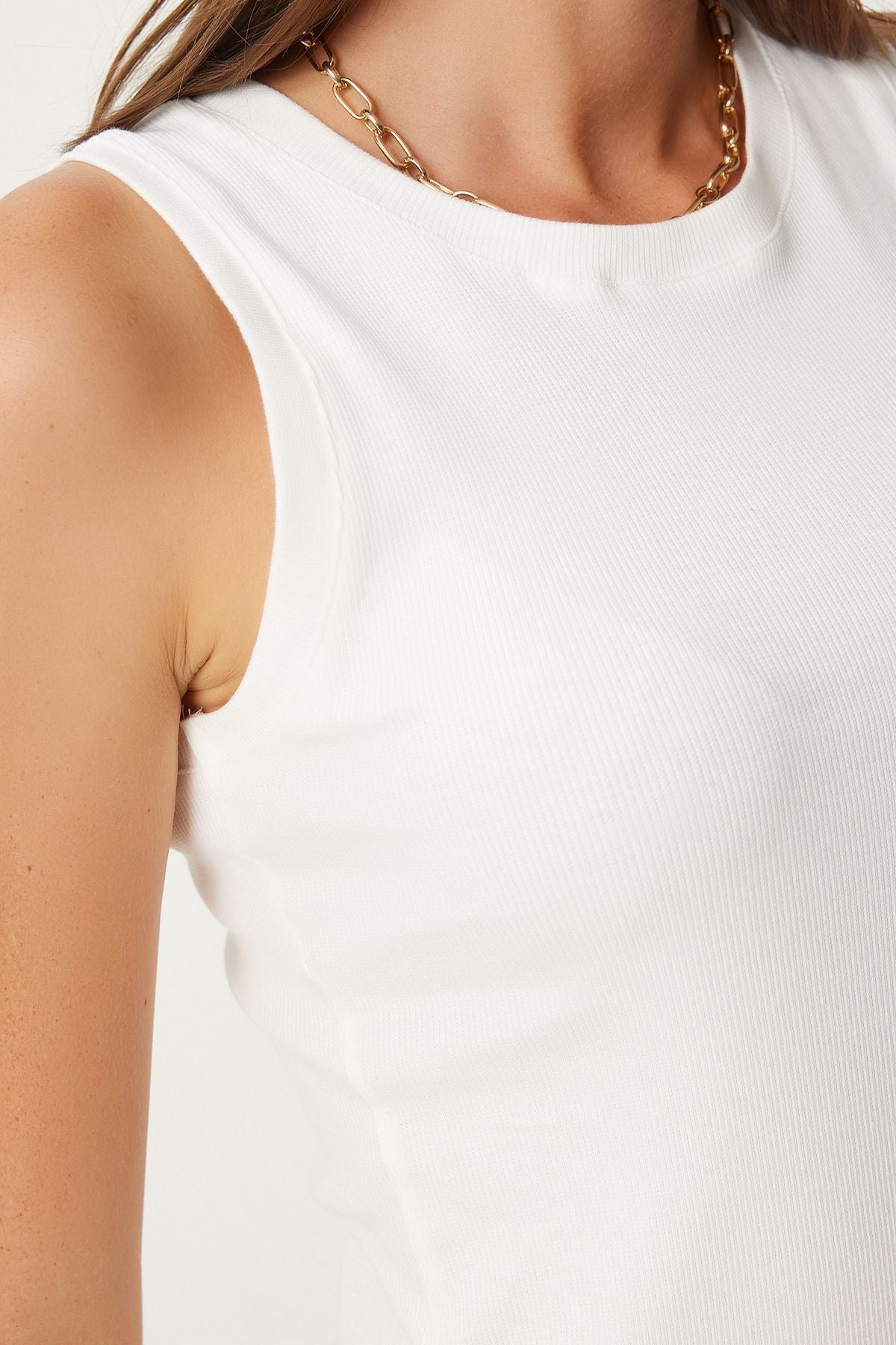 Woman White Sleeveless Weave Dress FN03257