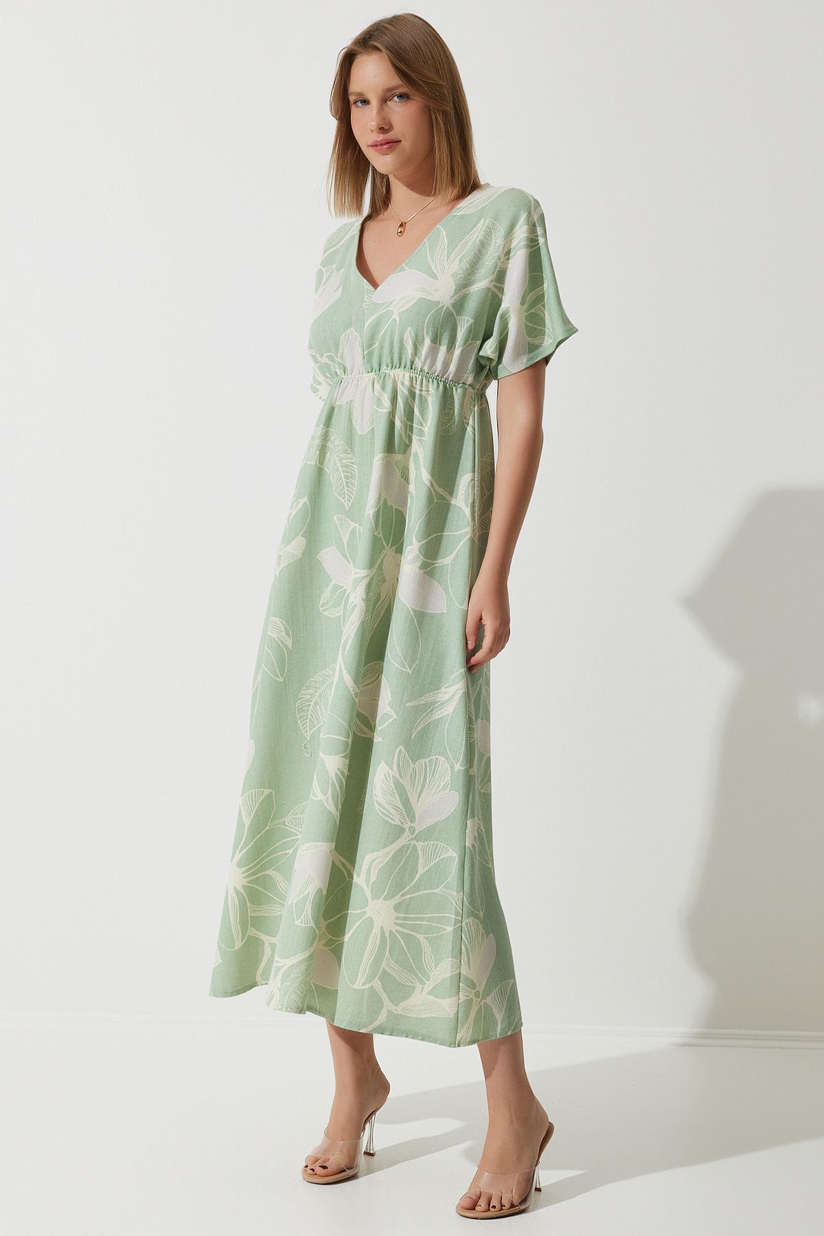 Women's Cagla Green Tropic Patterned Summer Raw Linen Dress BP00156