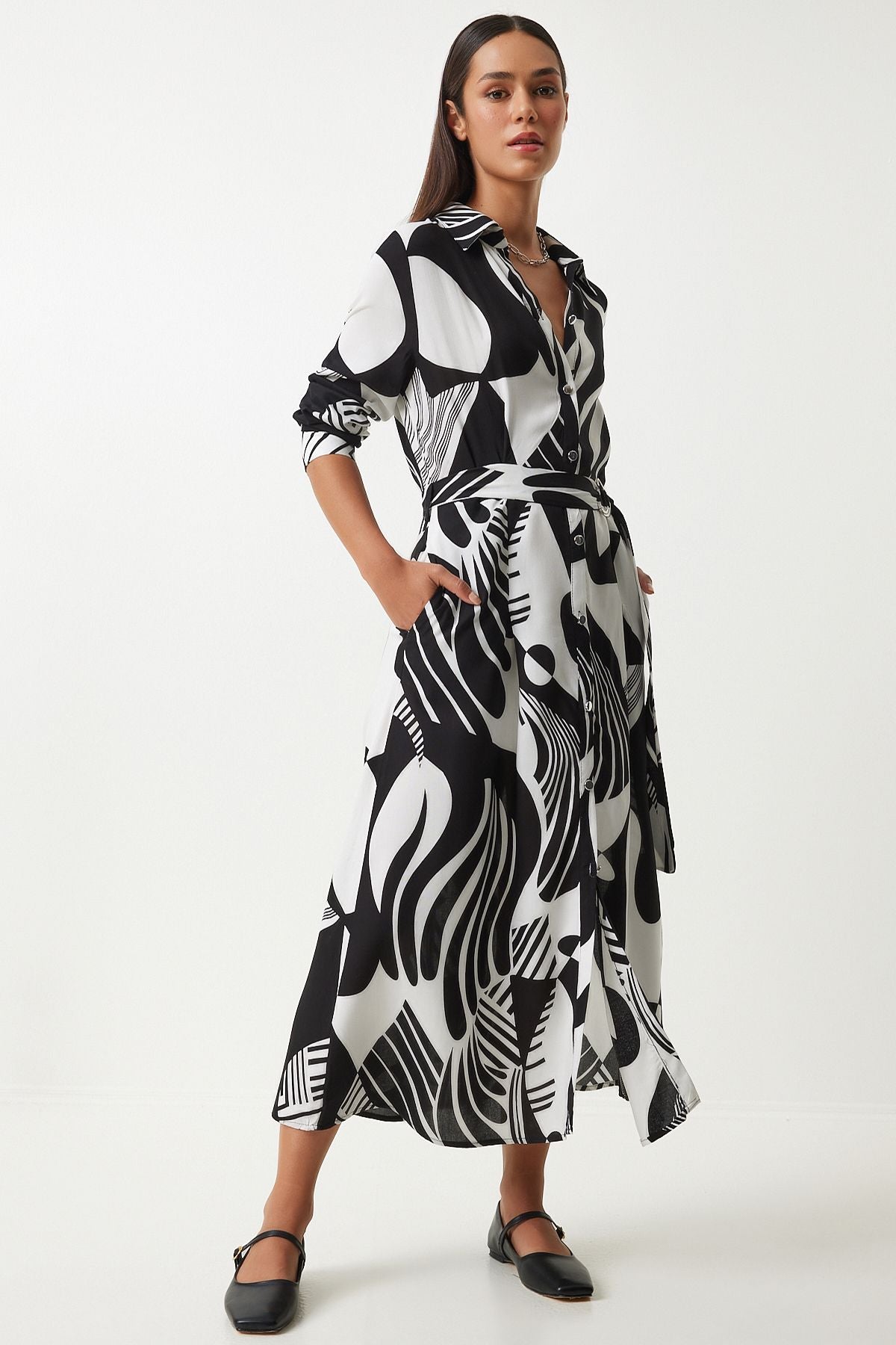 Female Black and White Patterned Born Viscose Shirt Dress FN03204
