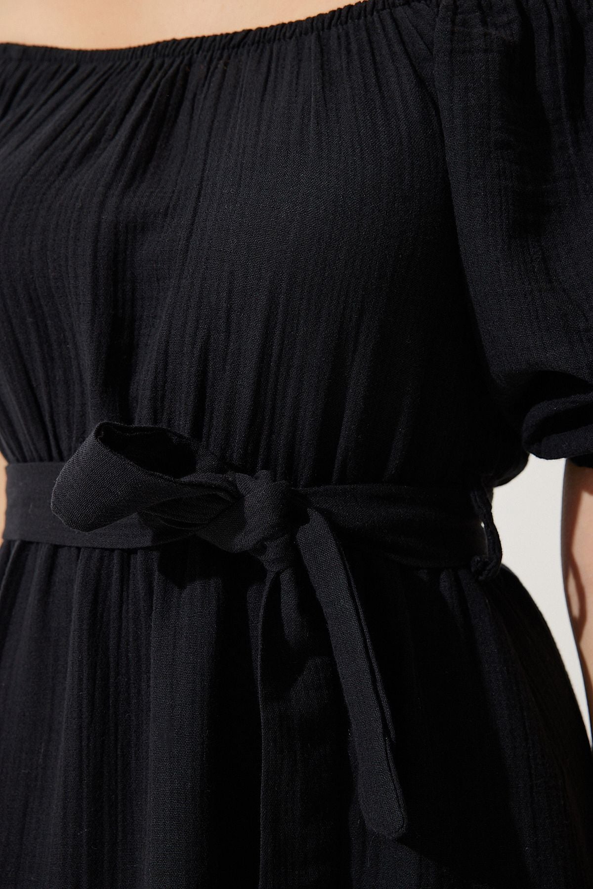 Female Black Carmen collar belt cottage Muslin dress MX00157
