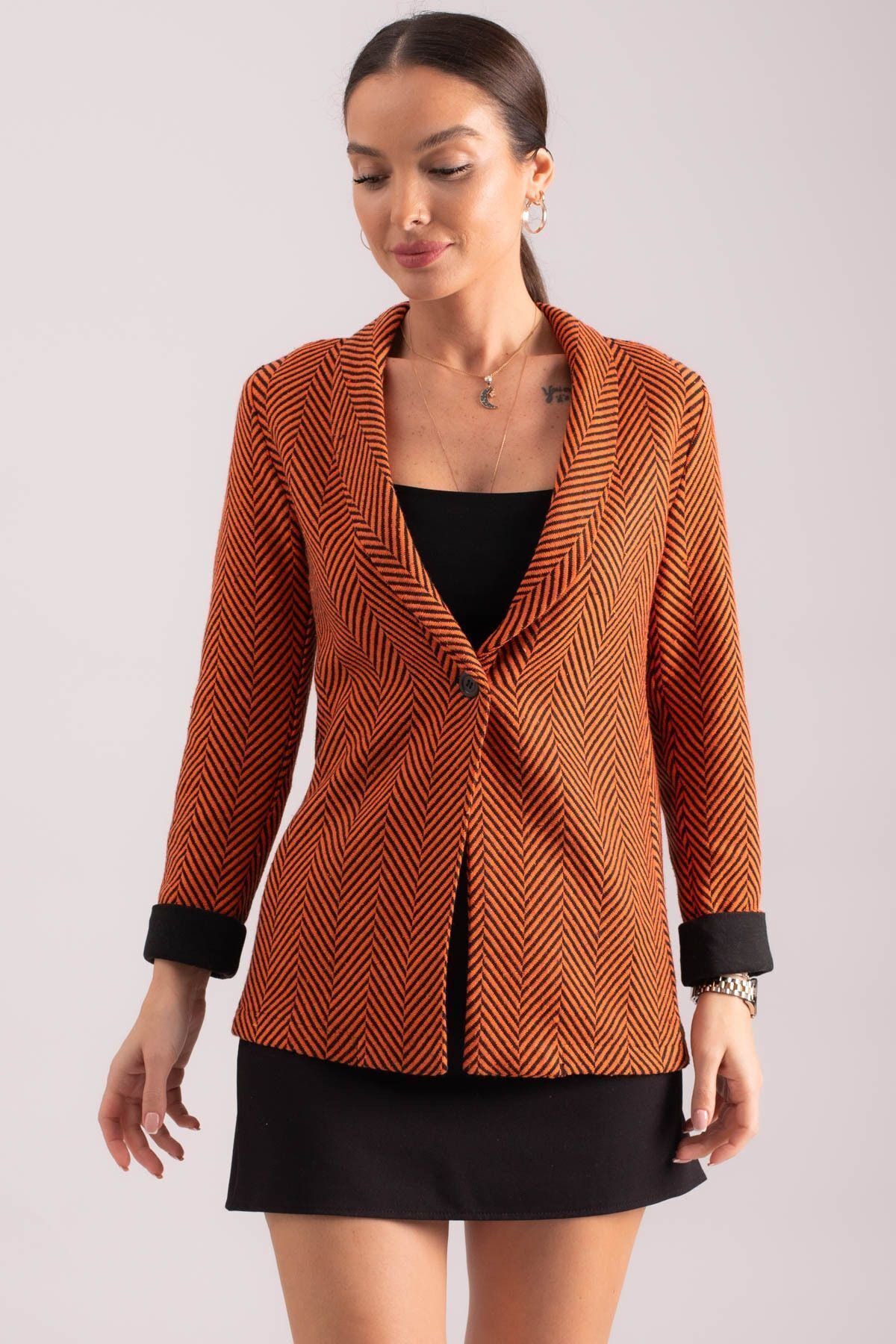 Women's Orange Fish Ridge Pattern Folding Single buttoned stamp jacket ARM-24K001066