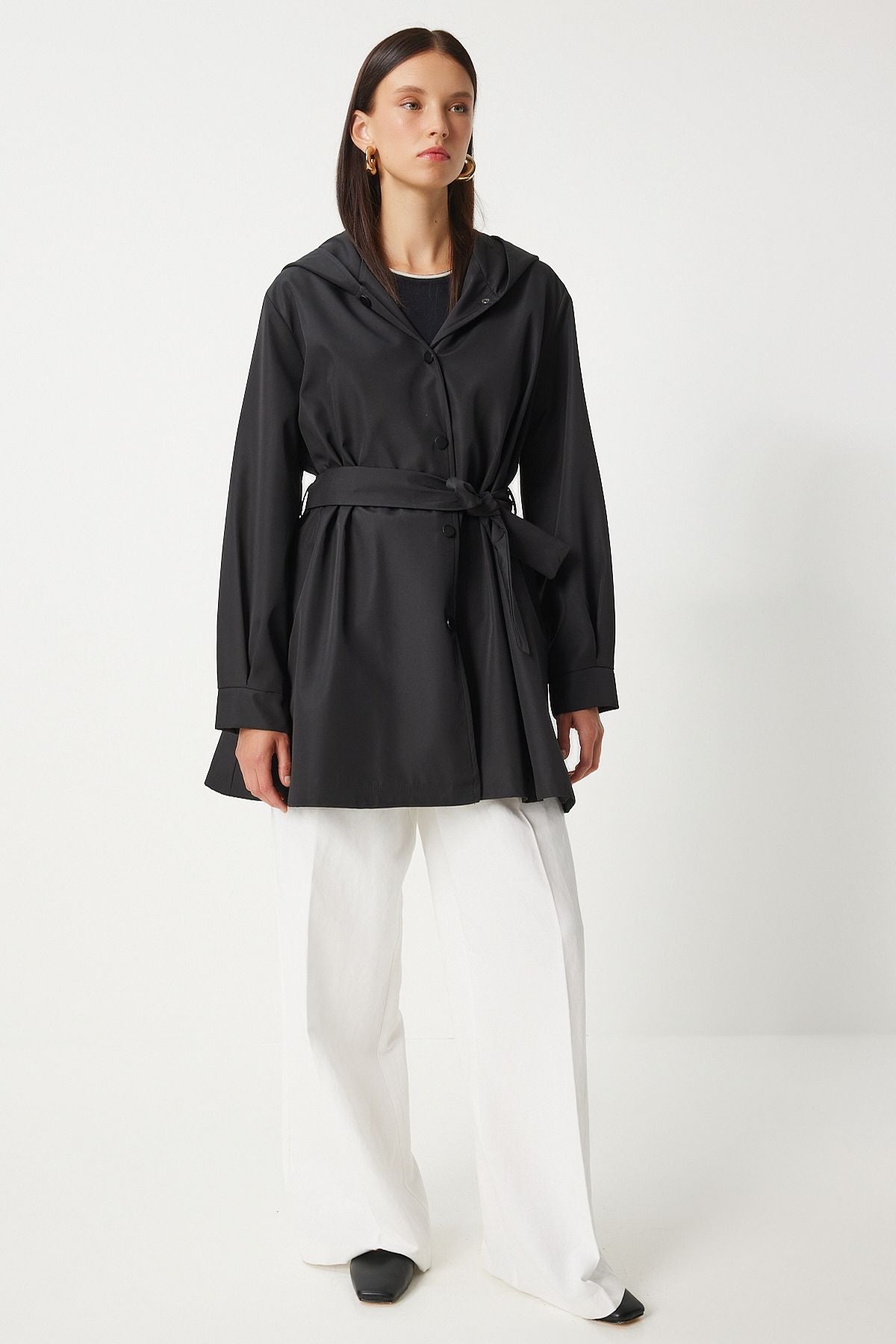 WOMEN'S Black Hooded Born Short Trench Coat DD01335