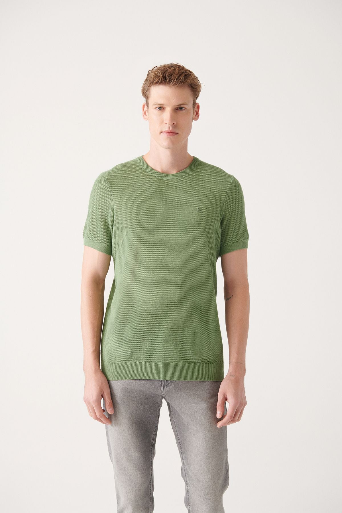 Men's Water Green Modal Bicycle Collar texture Ribanian knitwear T-shirt B005010