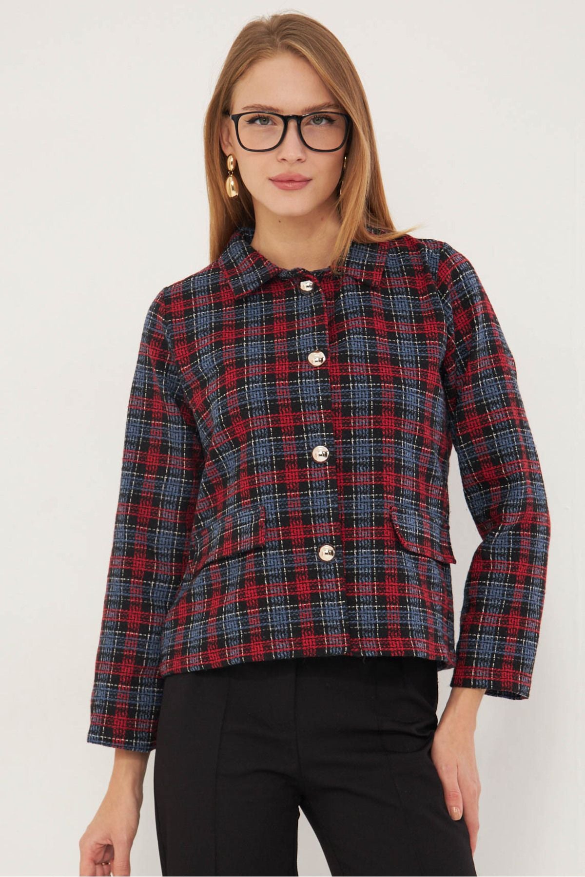 WOMEN DARK BLUE PATTERNED POCKET COFE JACKET ARM-25K001038