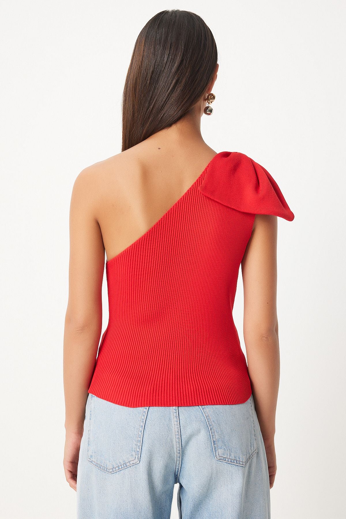 Female Red Bow Single Shoulder Triko Blouse PF00075