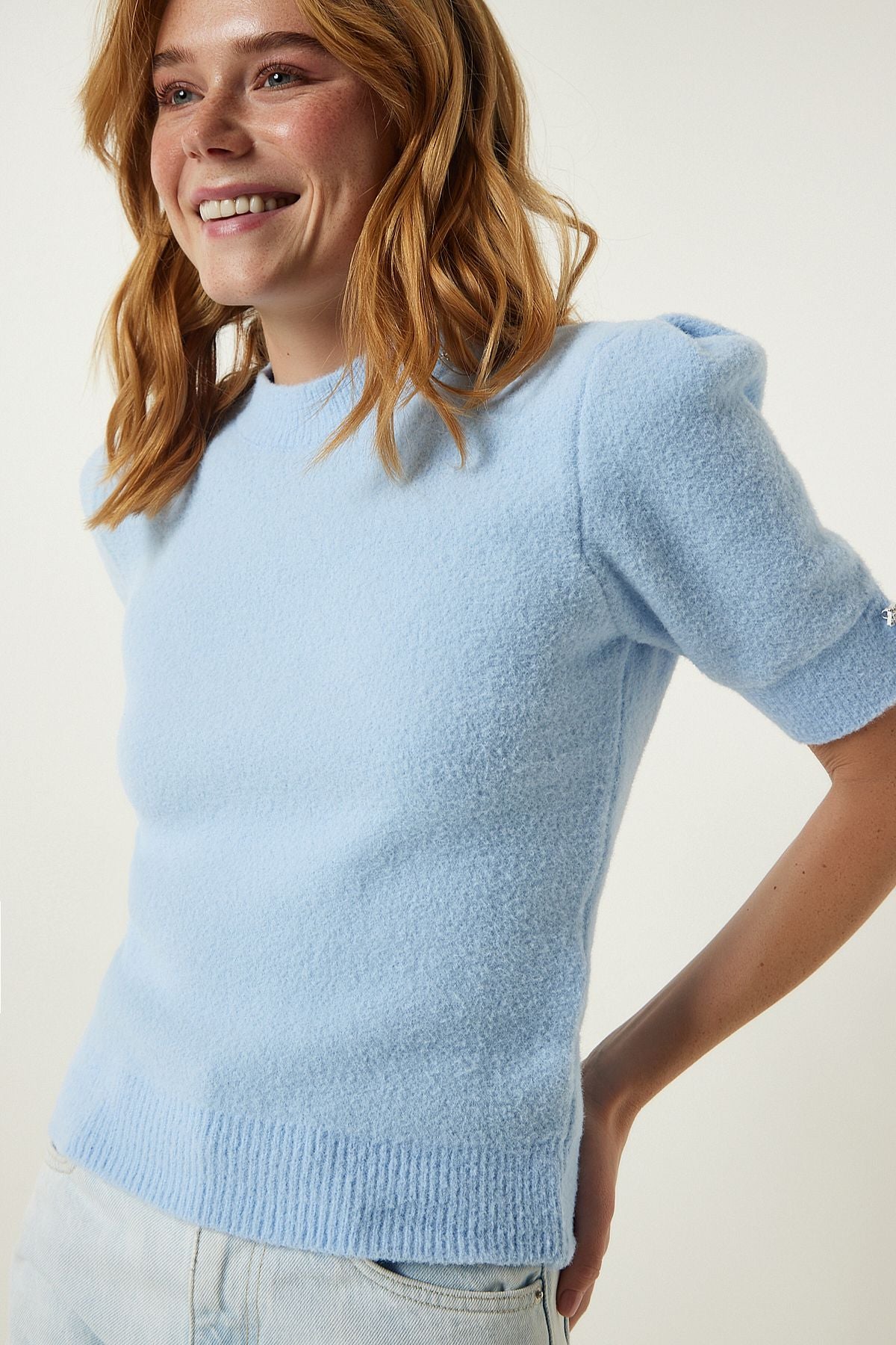 Woman Sky Blue Soft textured seasonal knitwear blouse PF00065