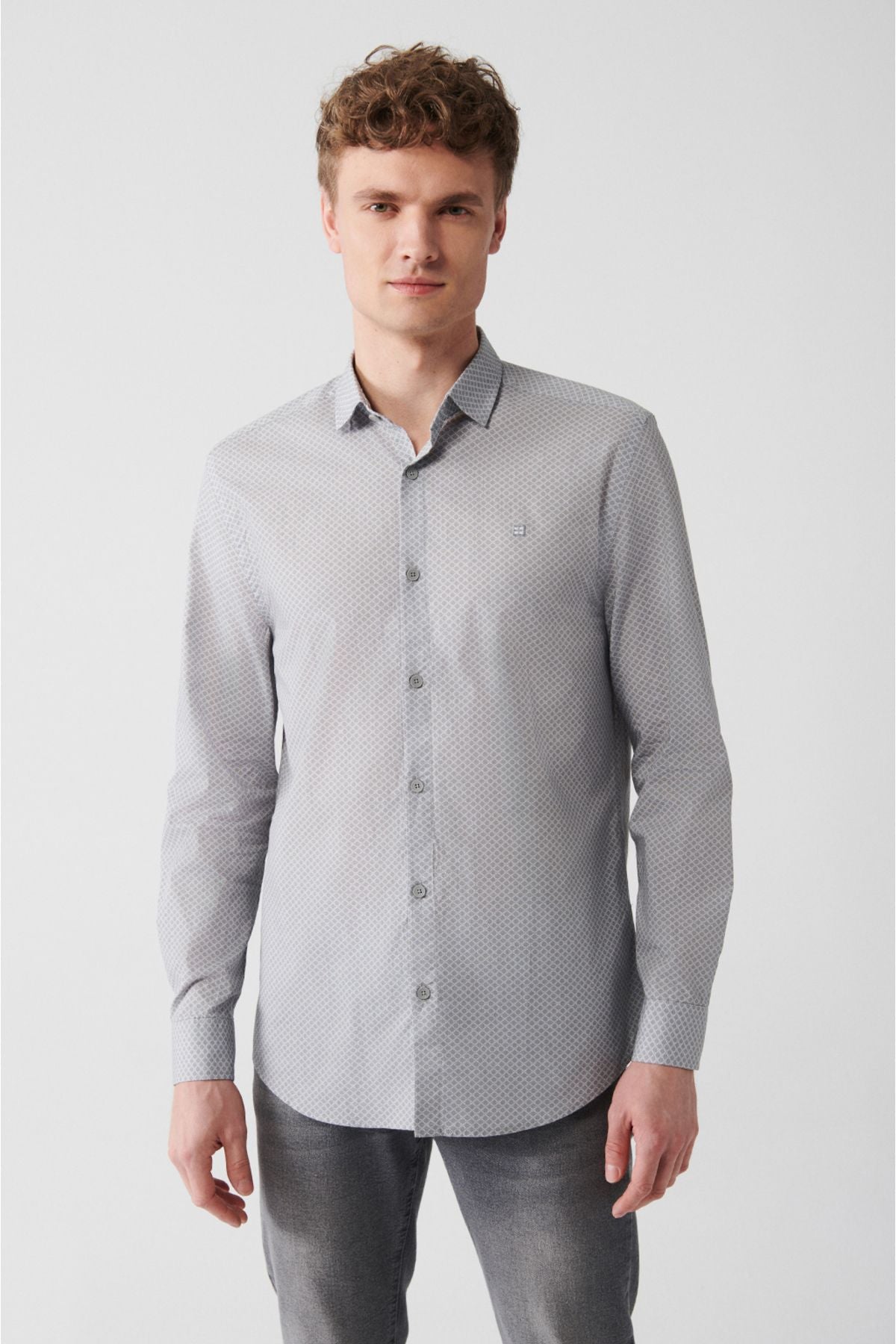 Male Light Gray 100 %Cotton Printed Shirt A31Y2040
