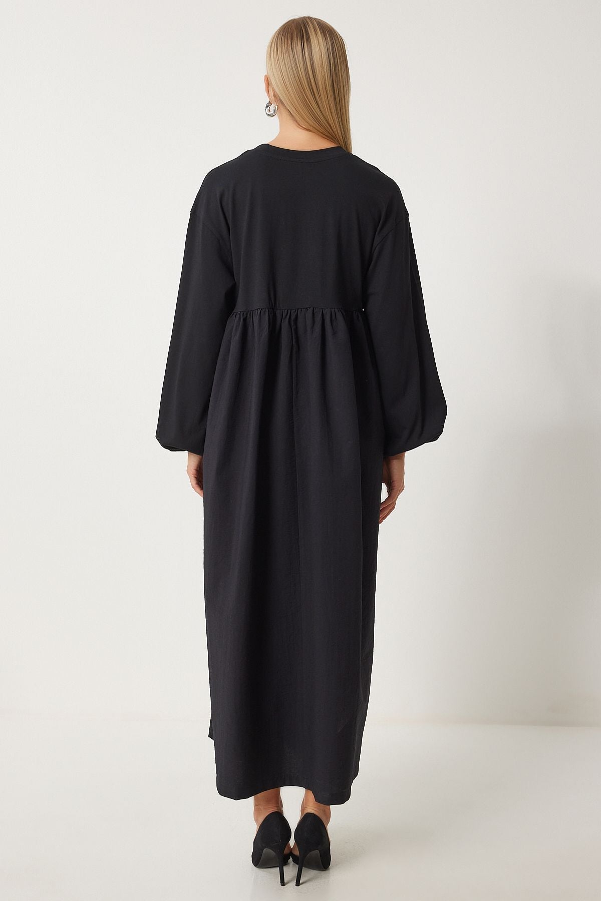 Women's black flywheel balloon sleeve long weaving dress RG00044