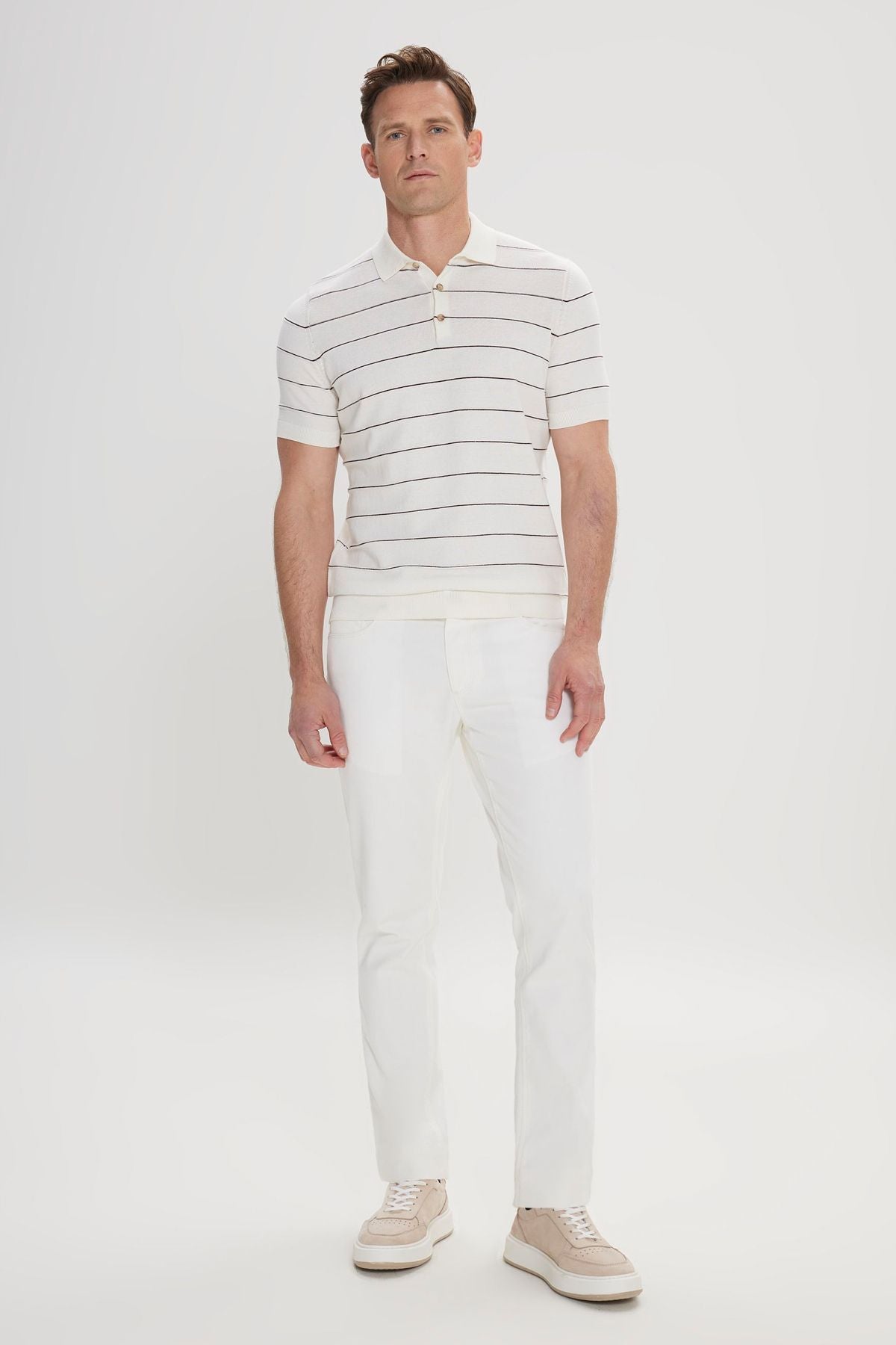 Men's Ecru-Kahve Standard Fit Normal Cutting 100 %Cotton striped Polo Yaka Triko T-shirt
