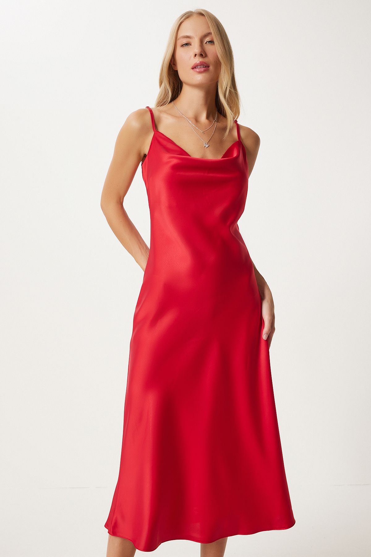 Woman Red Degage Yaka Satin Surface Dress FN03300