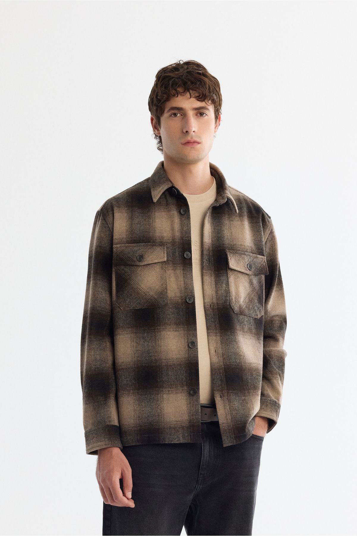 Men's Coffee Classic Neck Cotton Plant woolen shirt jacket A42Y2116