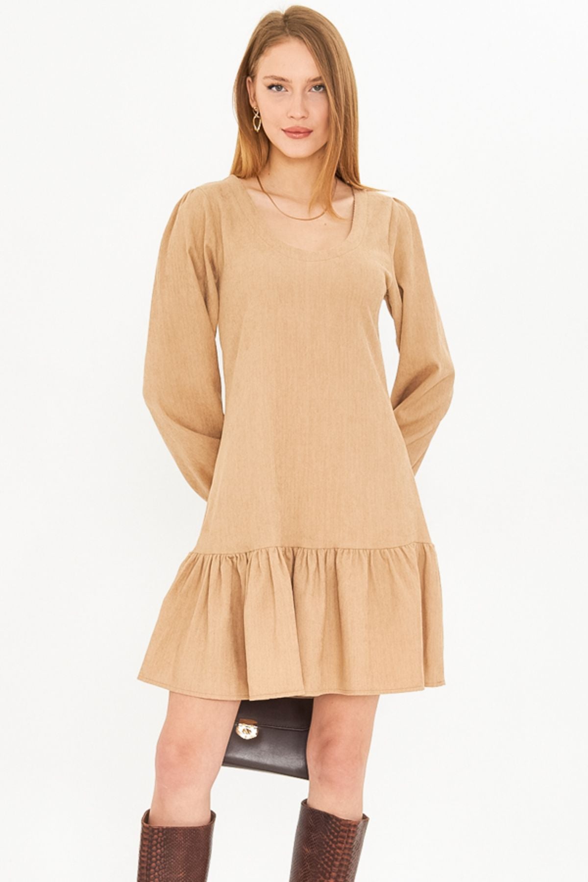 Female Beige U Yaka Skirt Nip Ruffled Sleeves with rubber Velvet Short Dress ARM-25K001086