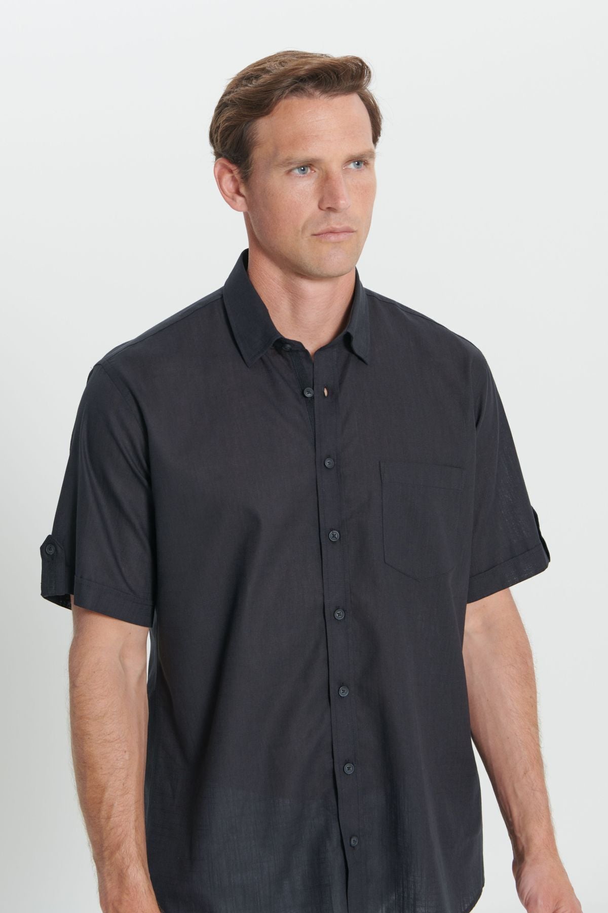 Men's Black Comfort Fit Casual Cutting Buttoned Neck Linen Look 100 %Cotton Short Sleeve Shirt