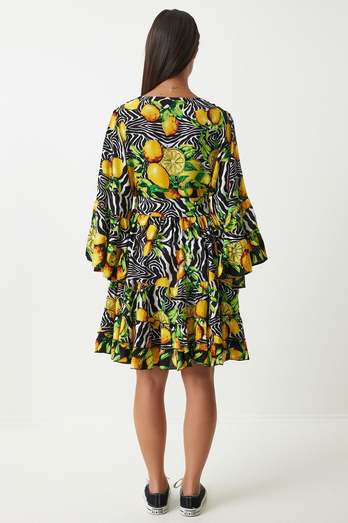 Woman Yellow Black Patterned Summer plenty of viscose dress FN03200