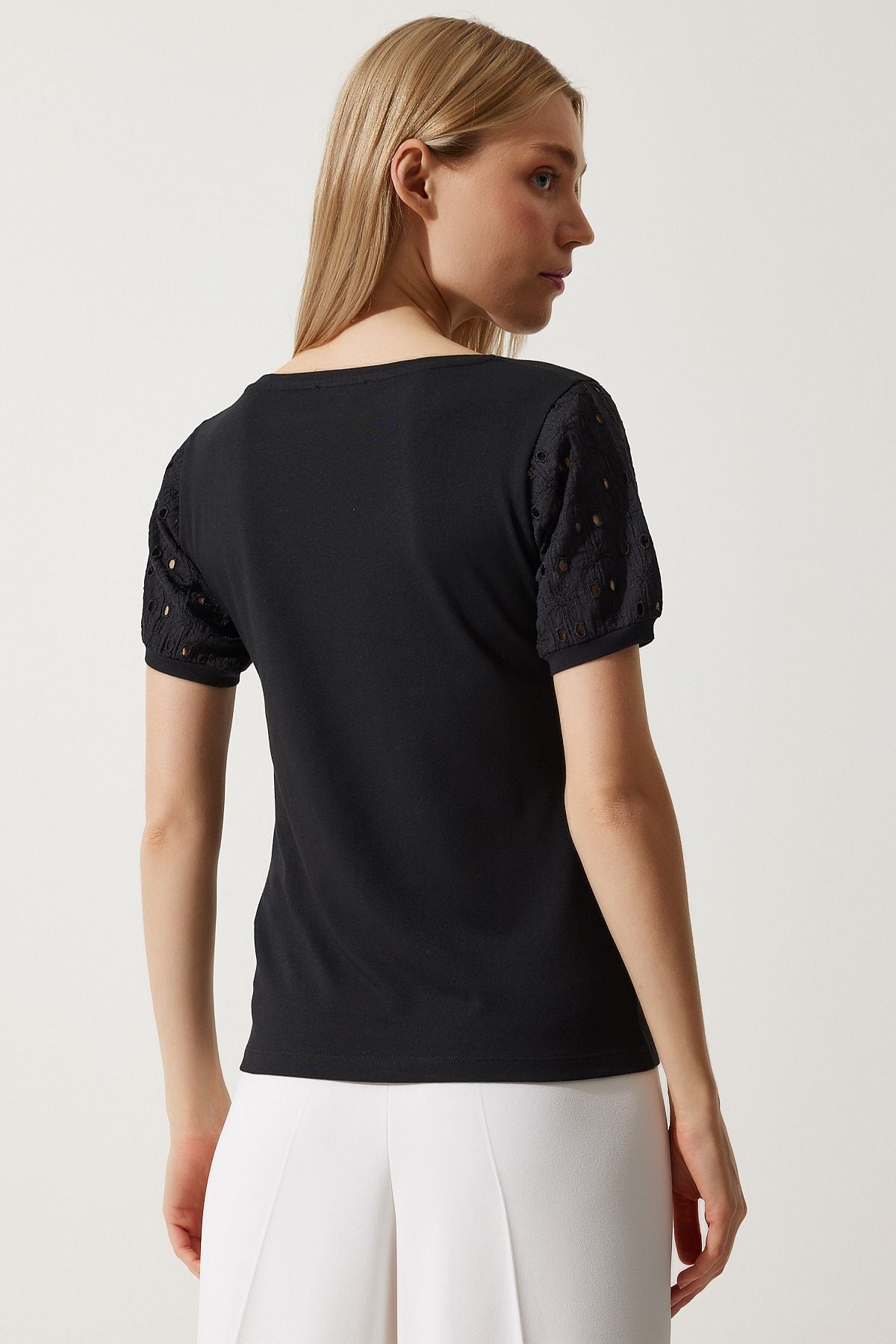 Female black guipure sleeve cotton basic knitting t-shirt vf00001