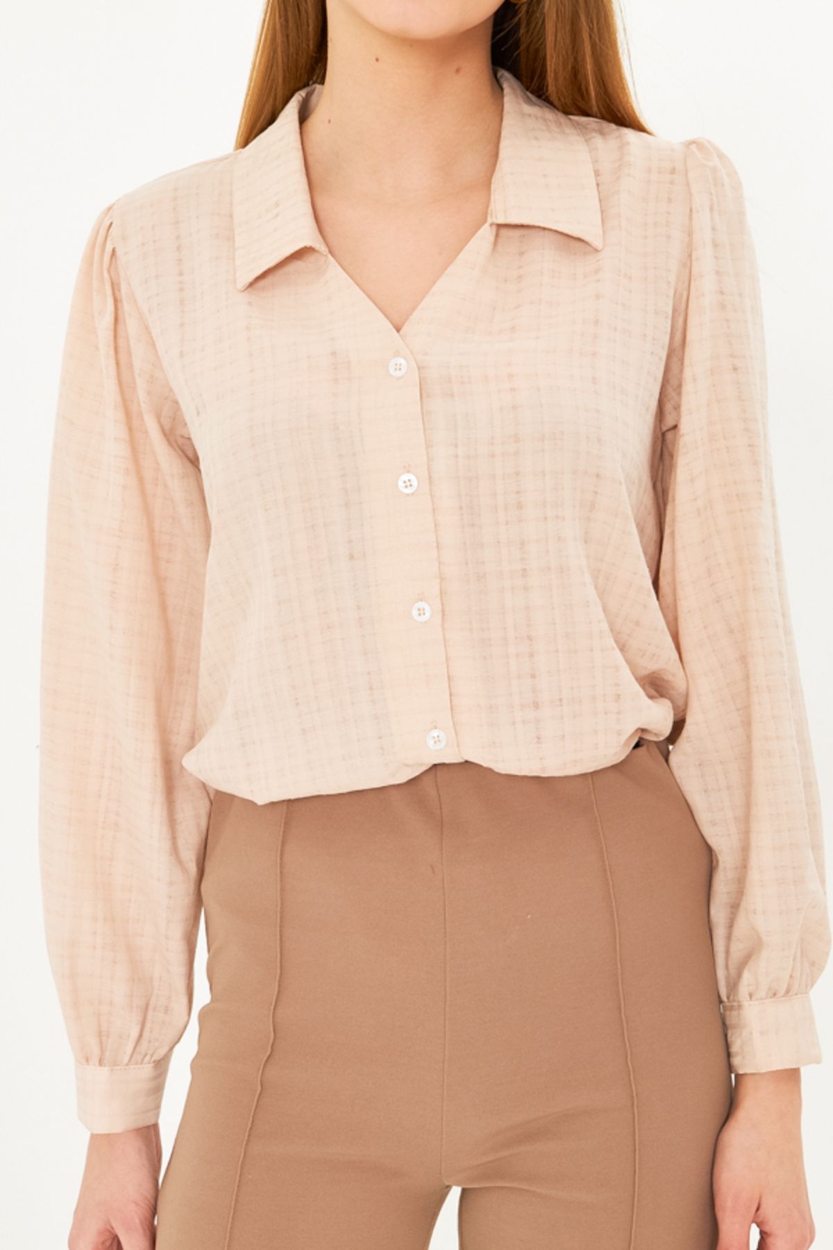 Women's Cream V-Neck Balloon Sleeve Bürümcük Shirt ARM-25K001088