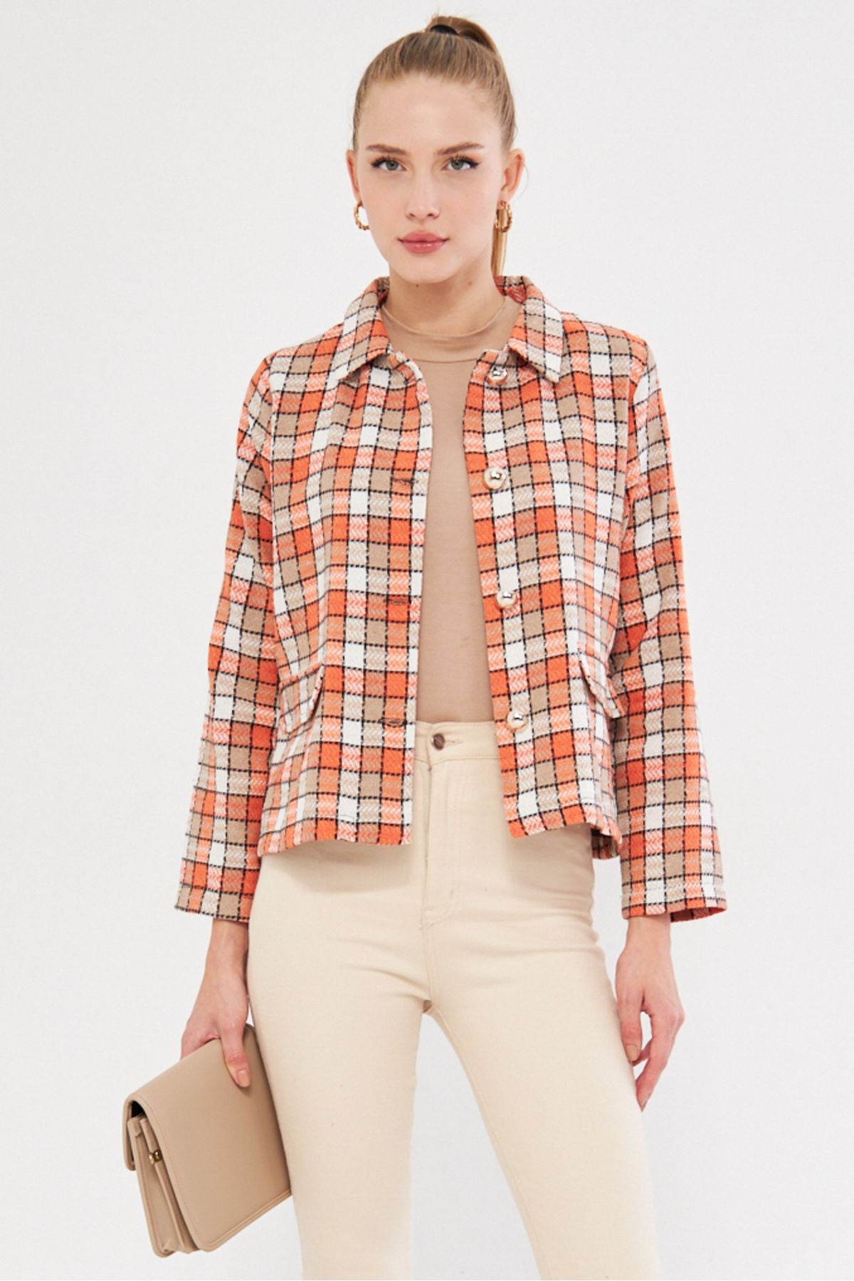 Women's Orange Patterned Pocket Cover Jacket ARM-25K001038