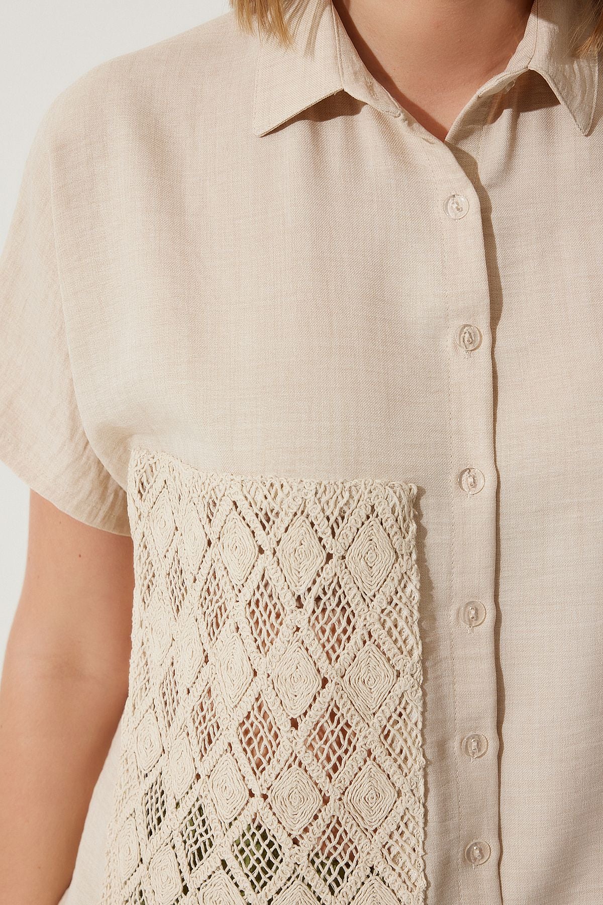 Women's Cream Crochet Lace Detail Linen Shirt TP00039