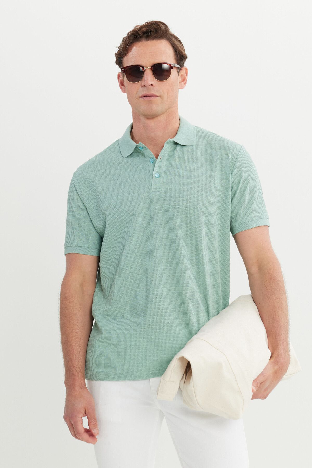 Men's Water Green Cotton Standard Fit Normal Cut Patterned Polo Yaka T -shirt