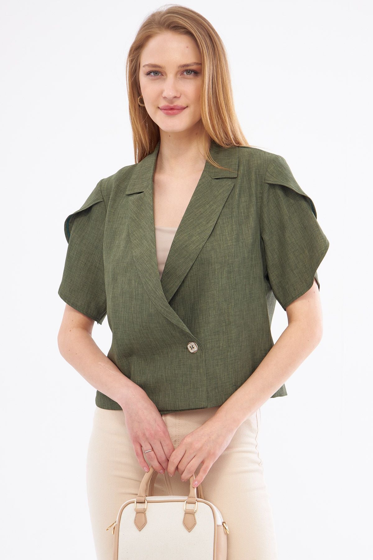 Women's Khaki Band Slit Detail Crop Short Sleeve Jacket ARM-24Y001048