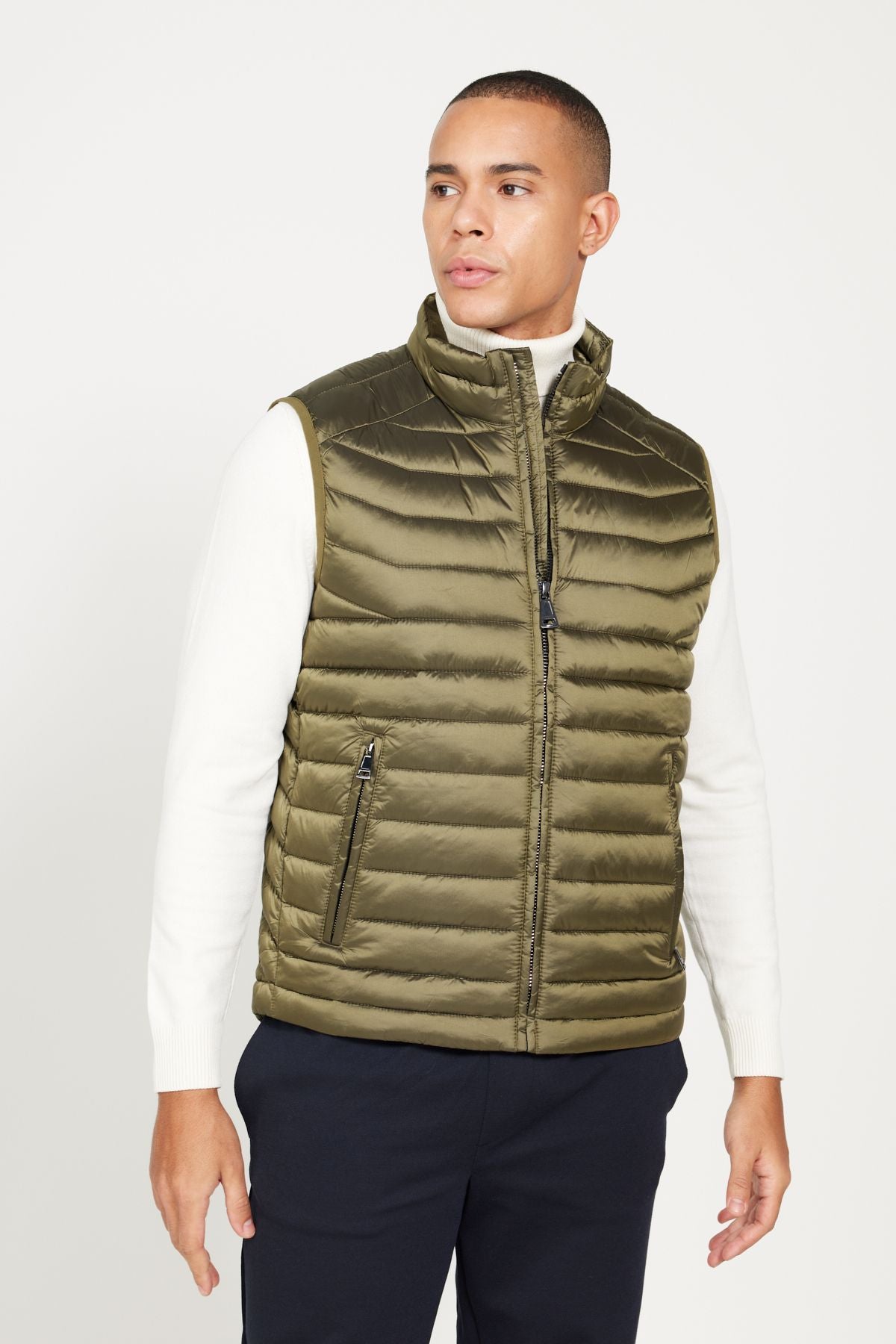 Men's Khaki standard fit normal cut upright collar casual vest